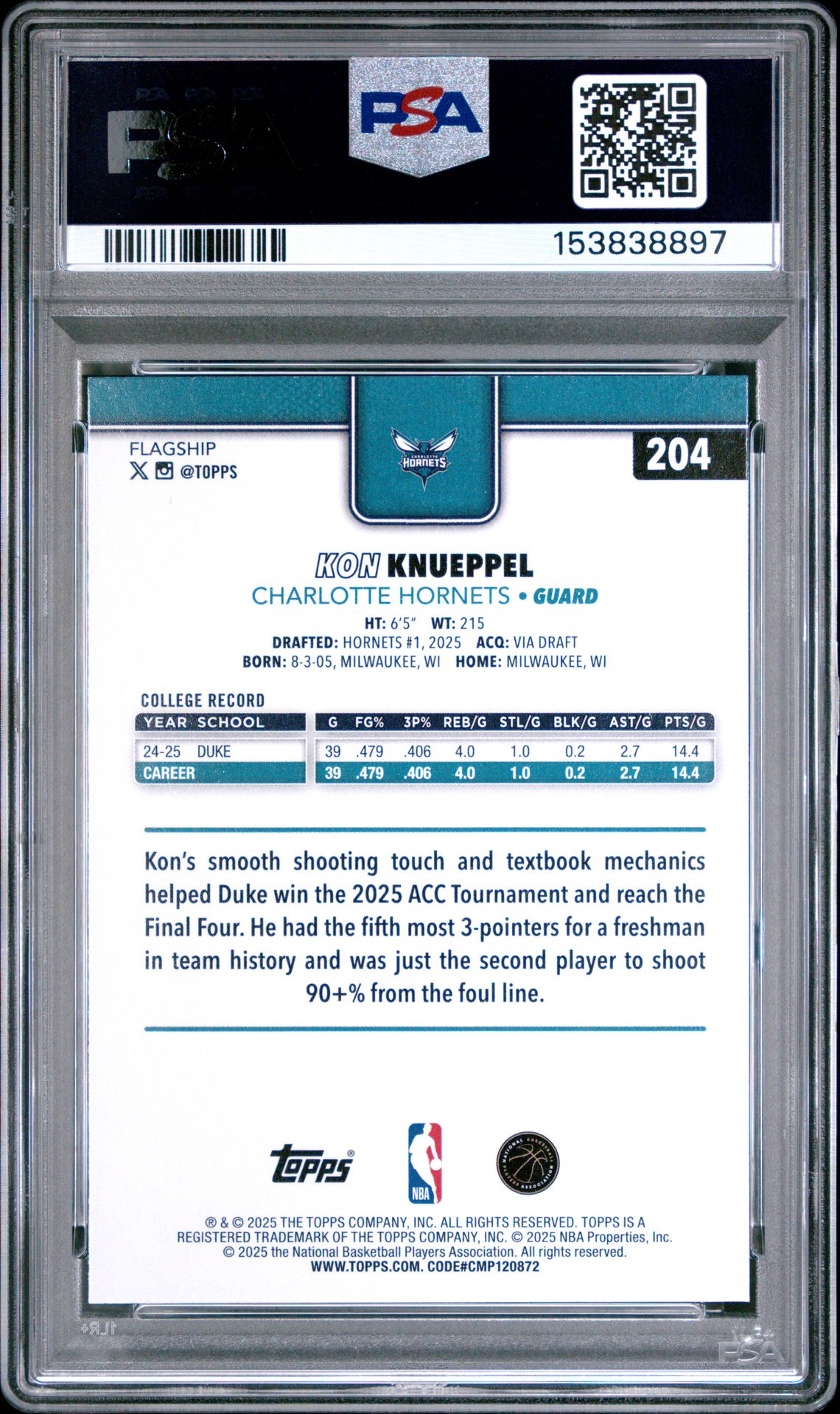 2025 Topps Kon Knueppel #204 Mint 9 back