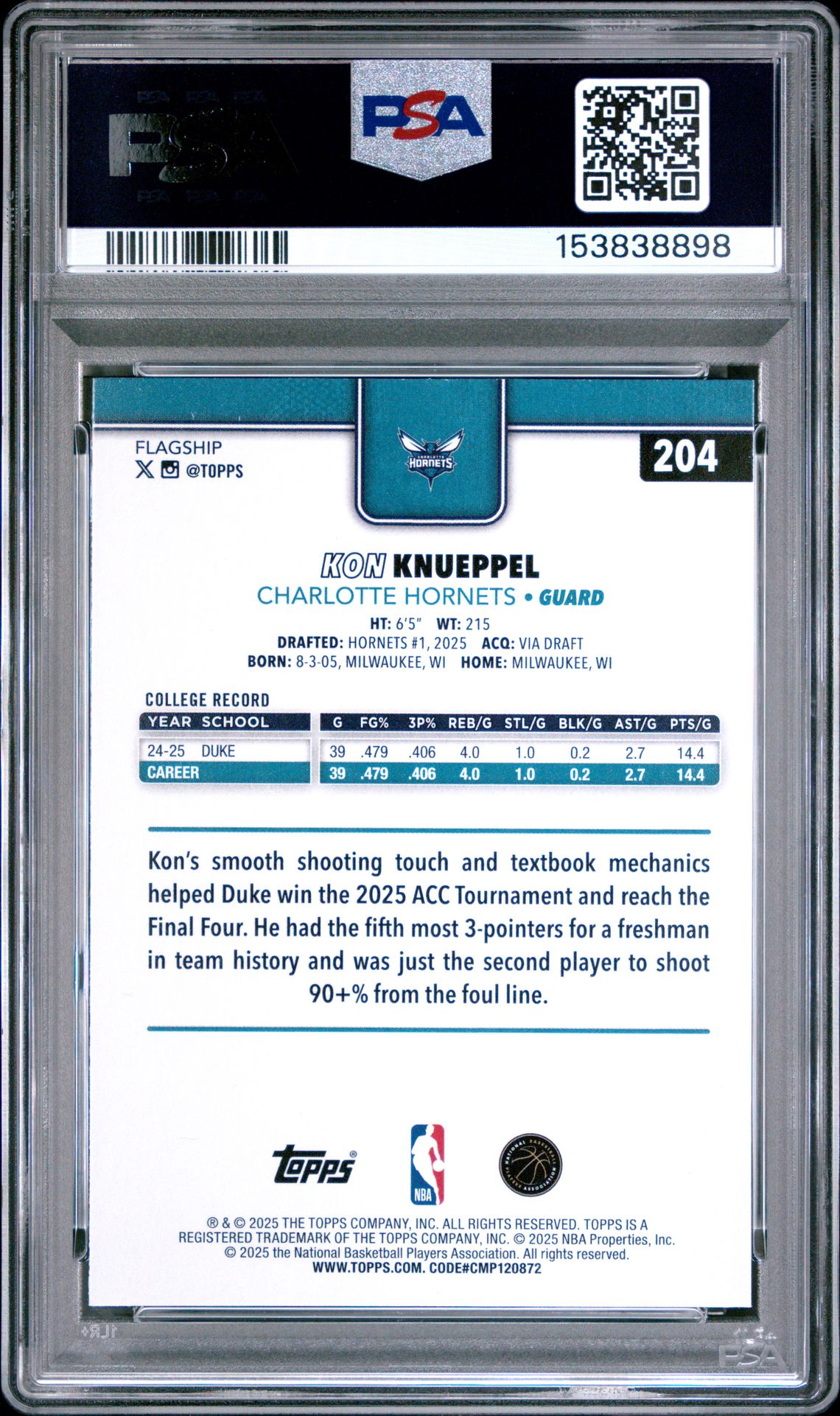 2025 Topps Kon Knueppel #204 Gem Mt 10 back