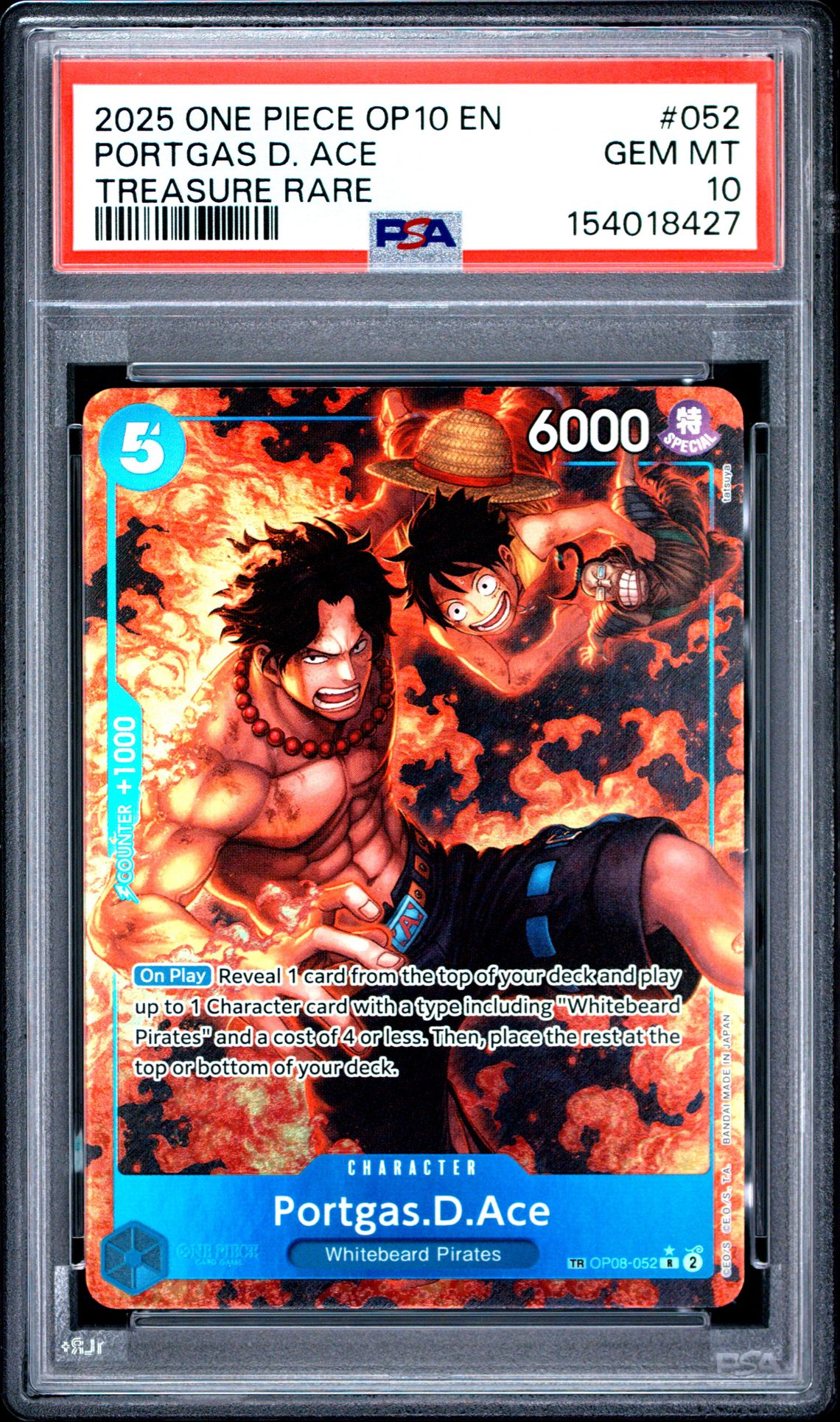 2025 One Piece Op10-Royal Blood Portgas D. Ace #052 (Treasure Rare) Gem Mt 10 front view - PSA graded GEM MT 10