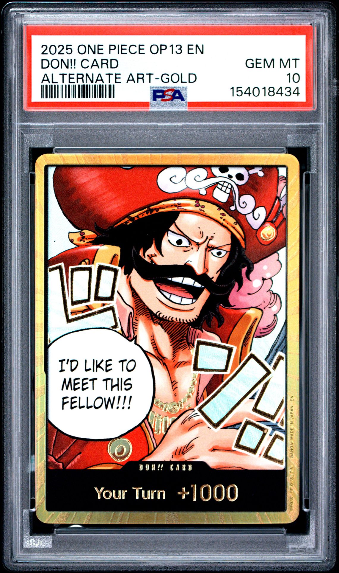 2025 One Piece Op13-Carrying On His Will Don!! Card (Alternate Art-Gold) Gem Mt 10 front view - PSA graded GEM MT 10