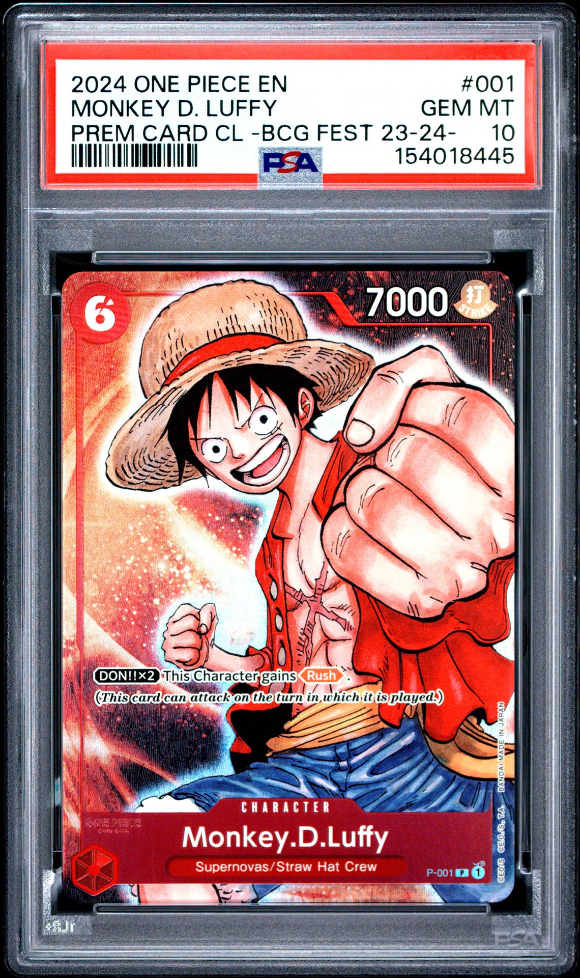 2024 One Piece Premium Card Collection -Bandai Card Games Fest 23-24 Edition- Monkey D. Luffy #001 Gem Mt 10 front view - PSA graded GEM MT 10