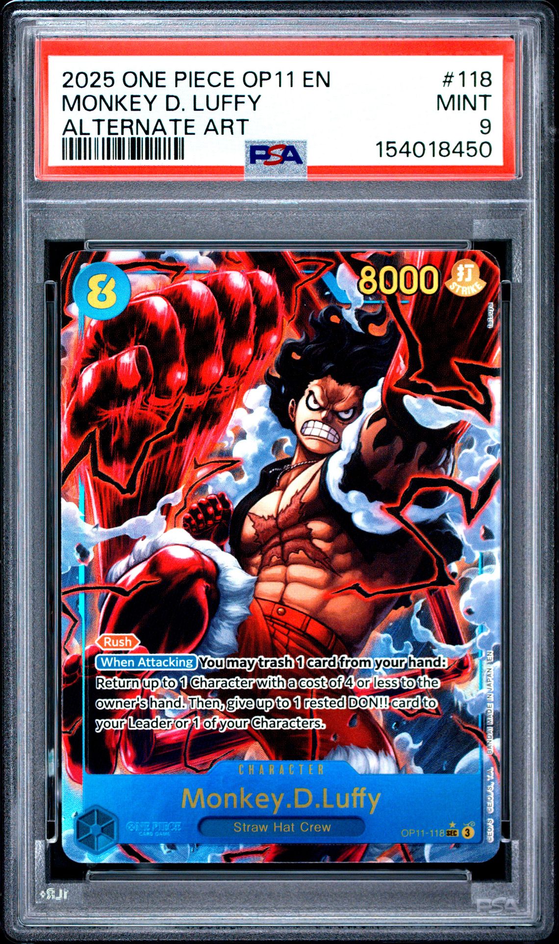 2025 One Piece Op11-A Fist Of Divine Speed Monkey D. Luffy #118 (Alternate Art) Mint 9 front