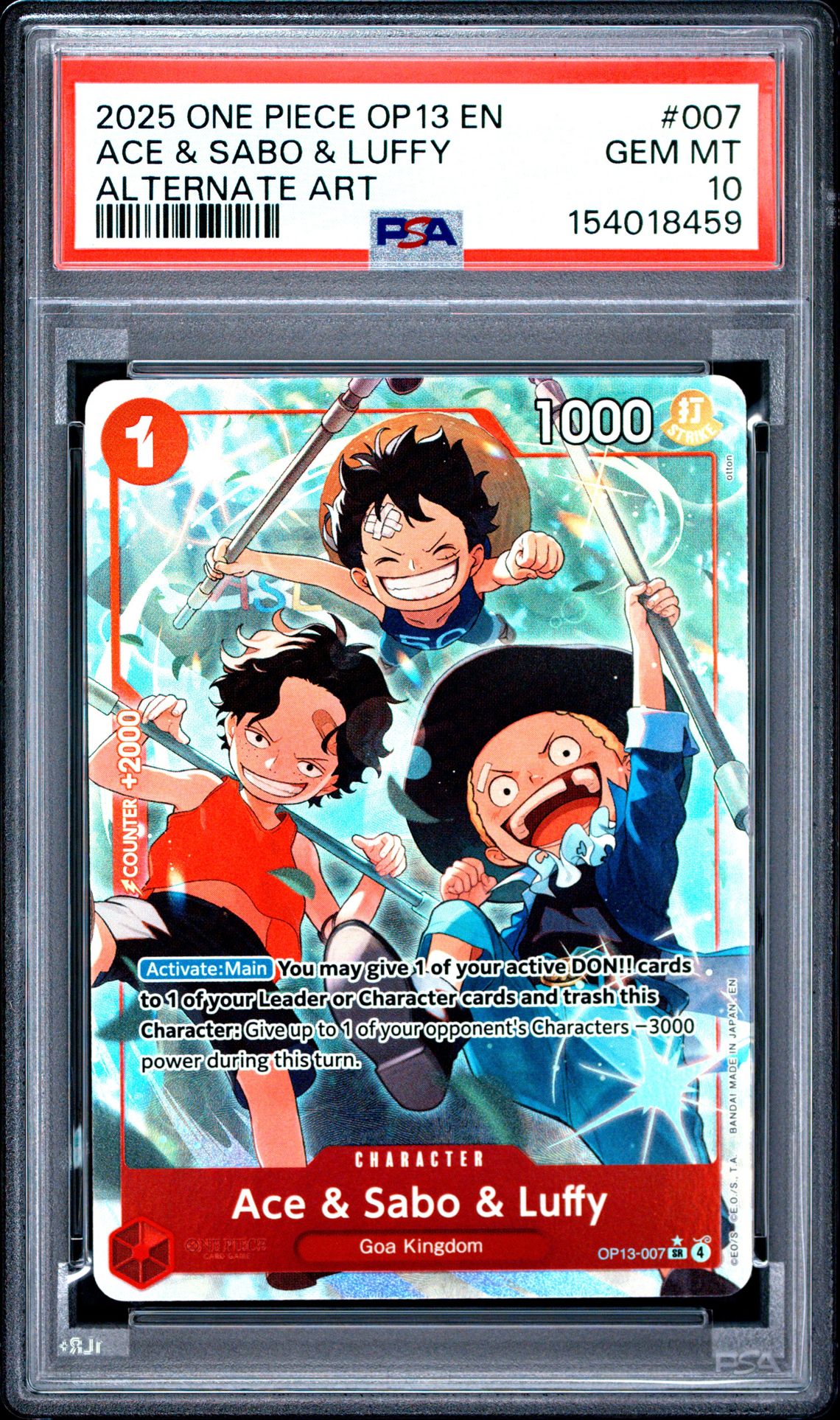 2025 One Piece Op13-Carrying On His Will Ace & Sabo & Luffy #007 (Alternate Art) Gem Mt 10 front view - PSA graded GEM MT 10