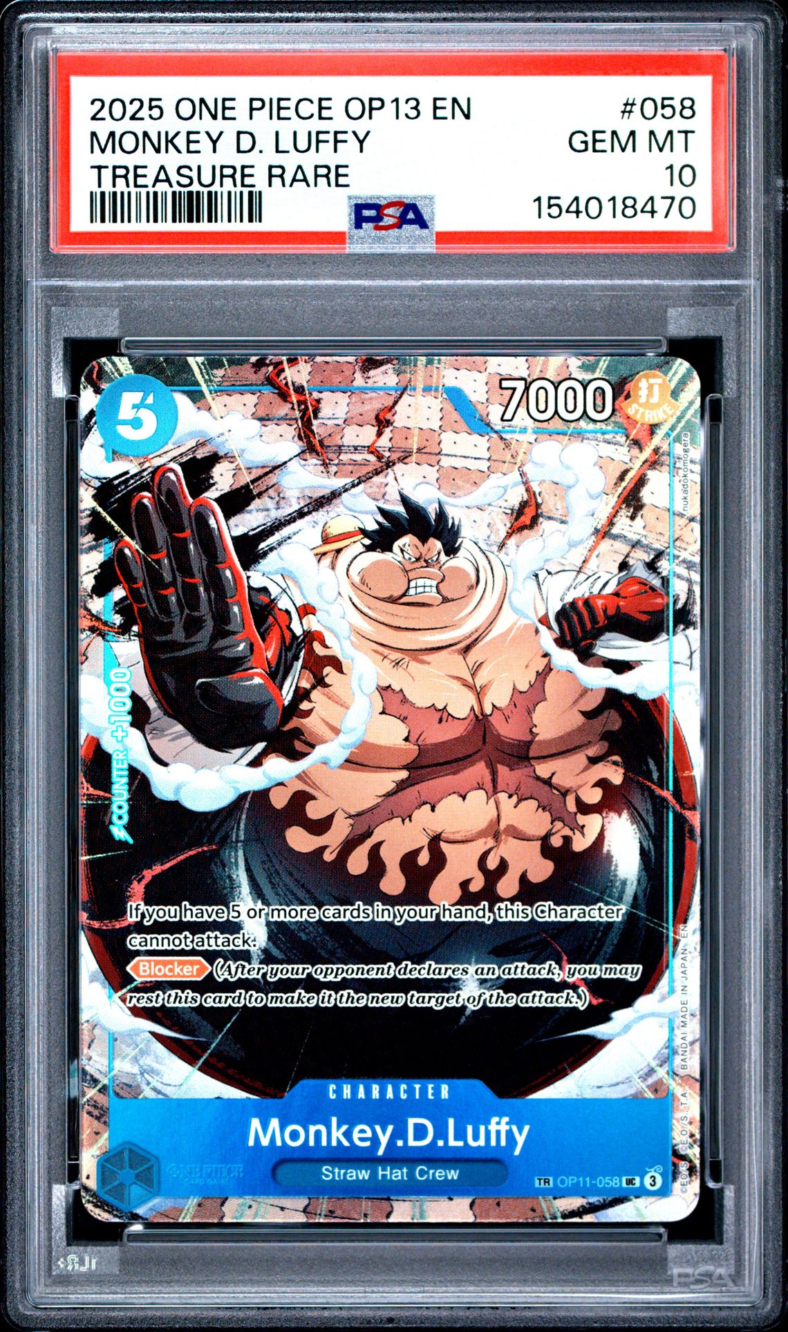 2025 ONE PIECE OP13-CARRYING ON HIS WILL MONKEY D. LUFFY TREASURE RARE 058 GEM MT 10 front