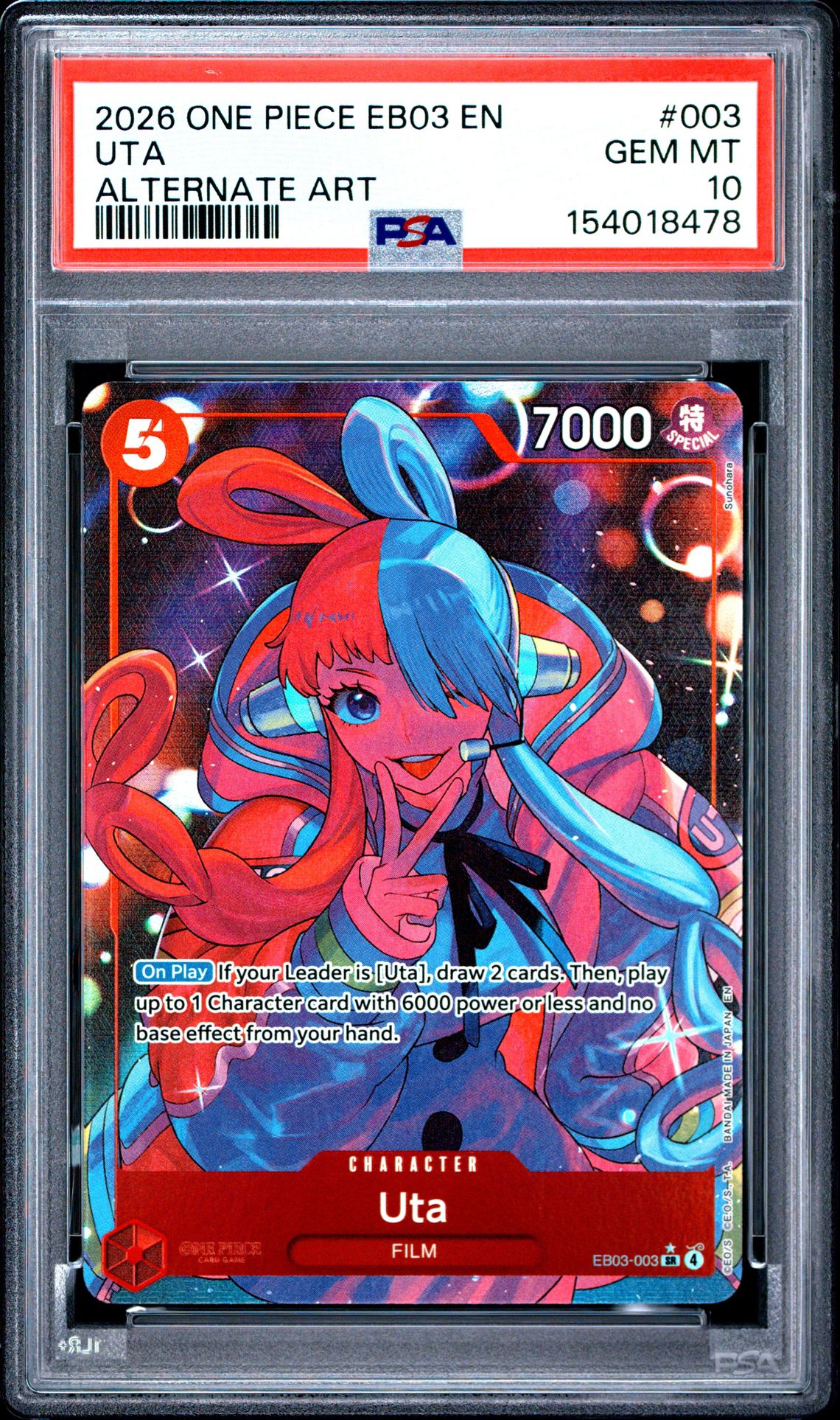2026 One Piece Eb03-Extra Booster -One Piece Heroines Edition- Uta #003 (Alternate Art) Gem Mt 10 front view - PSA graded GEM MT 10
