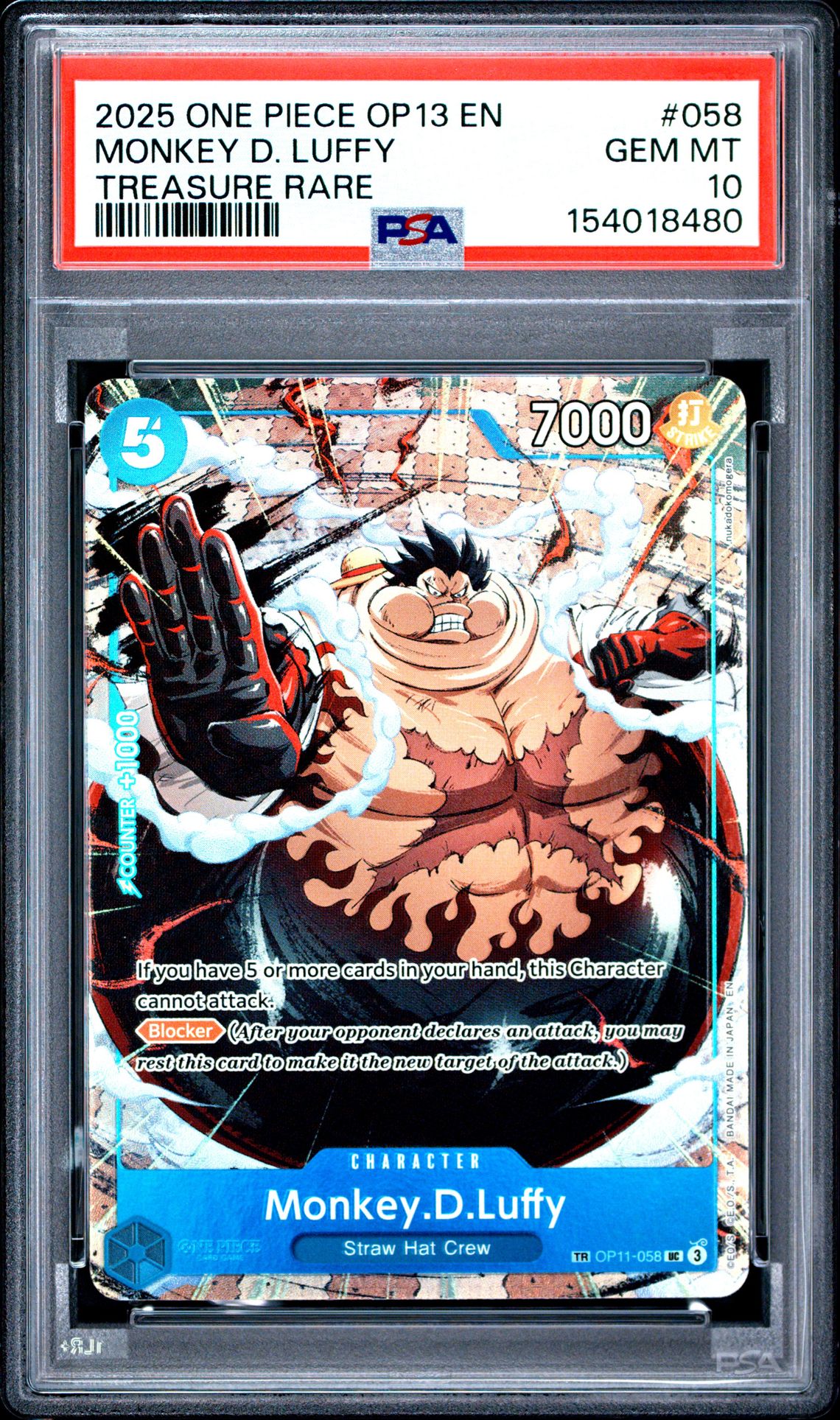 2025 One Piece Op13-Carrying On His Will Monkey D. Luffy #058 (Treasure Rare) Gem Mt 10 front view - PSA graded GEM MT 10