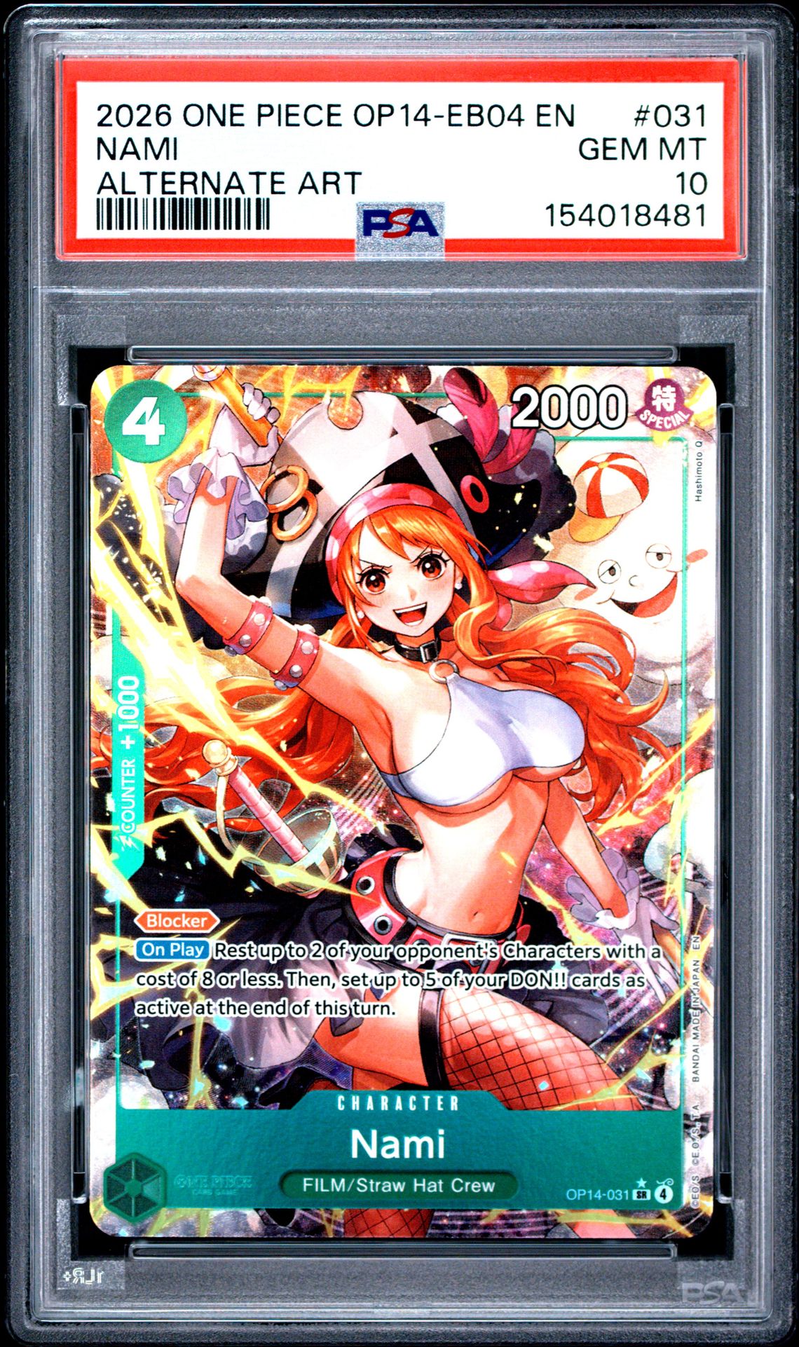 2026 One Piece Op14-Eb04-The Azure Sea's Seven Nami #031 (Alternate Art) Gem Mt 10 front view - PSA graded GEM MT 10