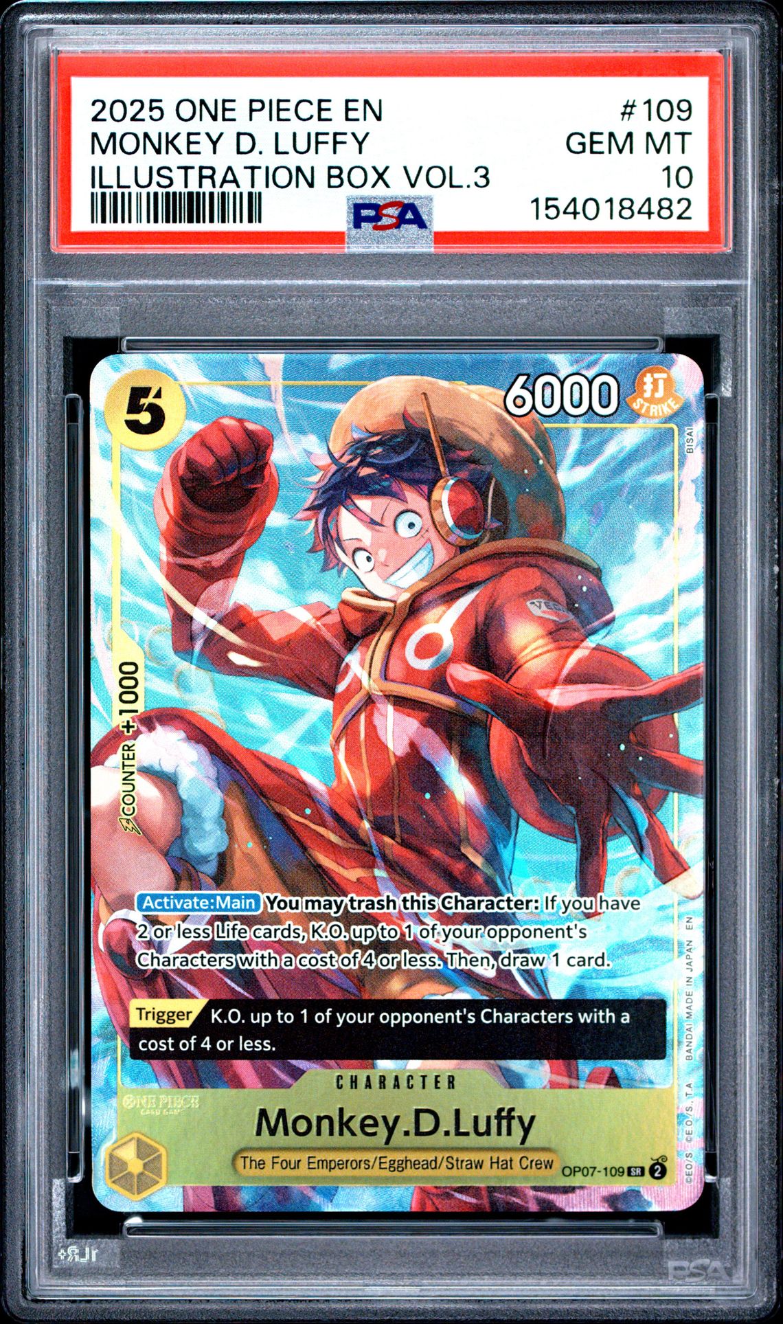 2025 One Piece Promos Monkey D. Luffy #109 (Illustration Box Vol.3) Gem Mt 10 front view - PSA graded GEM MT 10