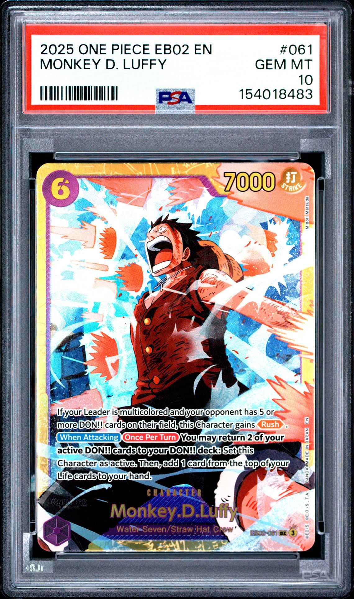 2025 One Piece Eb02-Extra Booster -Anime 25Th Collection- Monkey D. Luffy #061 Gem Mt 10 front view - PSA graded GEM MT 10