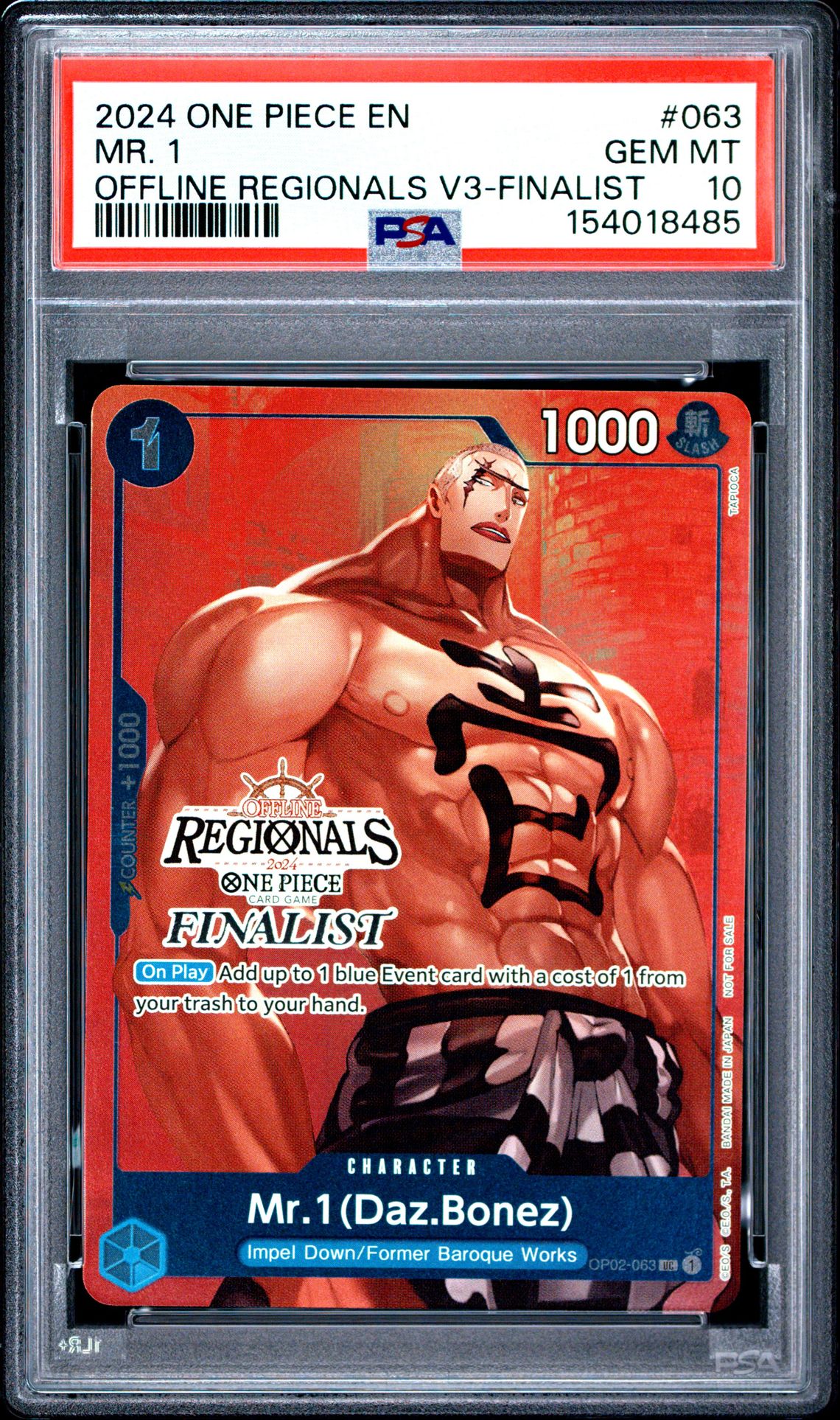 2024 One Piece Offline Regionals Pack 2024 Vol.3 Mr. 1 #063 (Offline Regionals V3-Finalist) Gem Mt 10 front view - PSA graded GEM MT 10