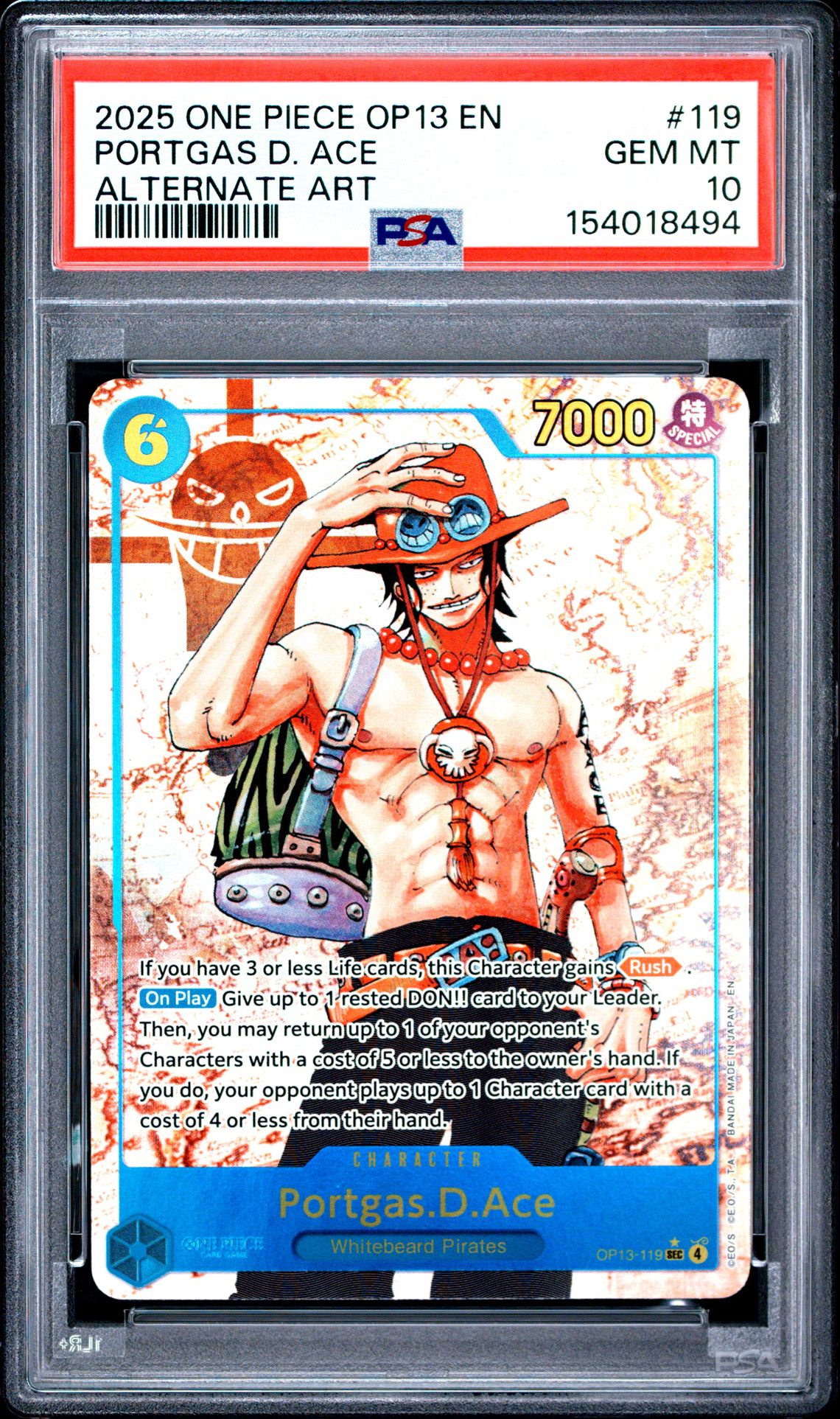 2025 One Piece Op13-Carrying On His Will Portgas D. Ace #119 (Alternate Art) Gem Mt 10 front view - PSA graded GEM MT 10