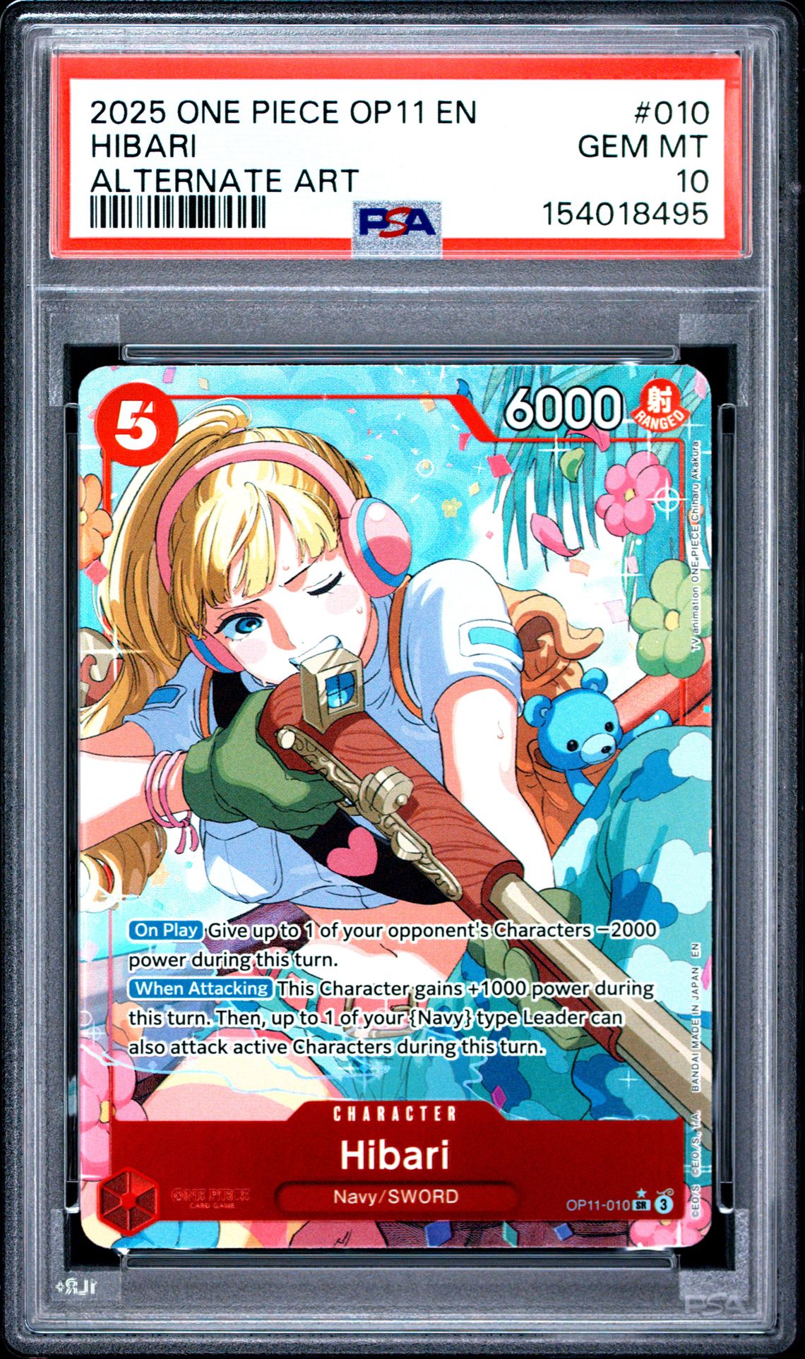 2025 One Piece Op11-A Fist Of Divine Speed Hibari #010 (Alternate Art) Gem Mt 10 front view - PSA graded GEM MT 10