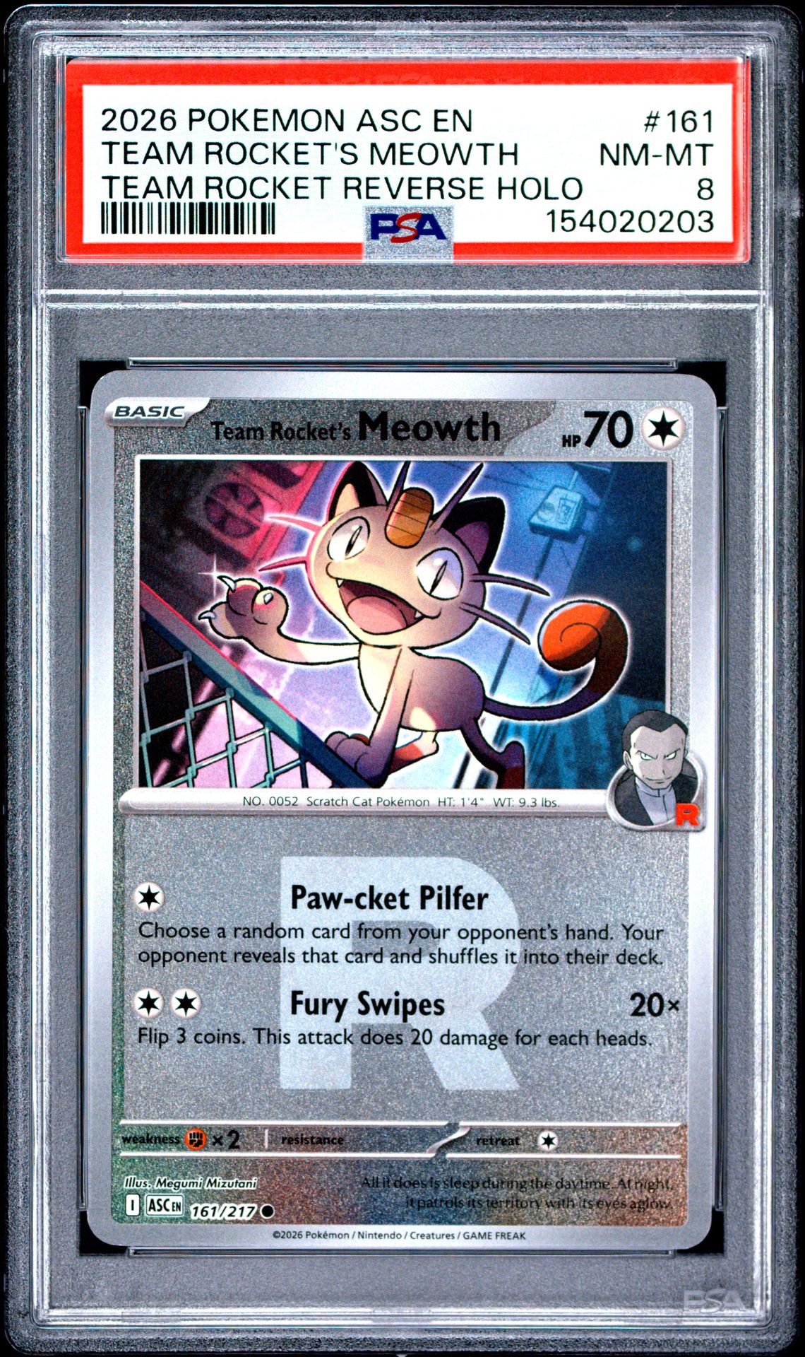 2026 Pokemon Asc En-Ascended Heroes Team Rocket's Meowth #161 (Team Rocket Reverse Holo) Nm-Mt 8 front