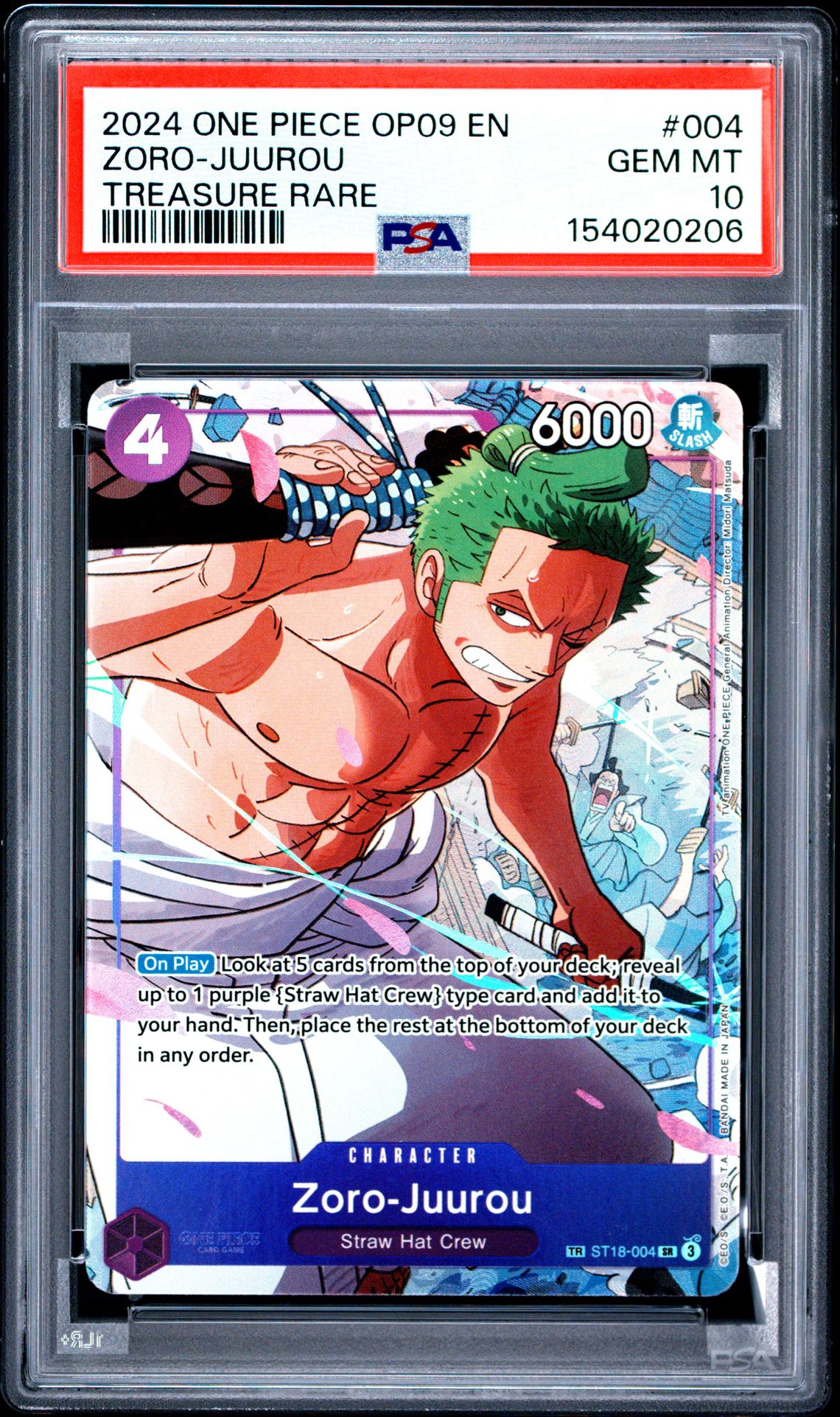 2024 One Piece Op09-Emperors In The New World Zoro-Juurou #004 (Treasure Rare) Gem Mt 10 front view - PSA graded GEM MT 10