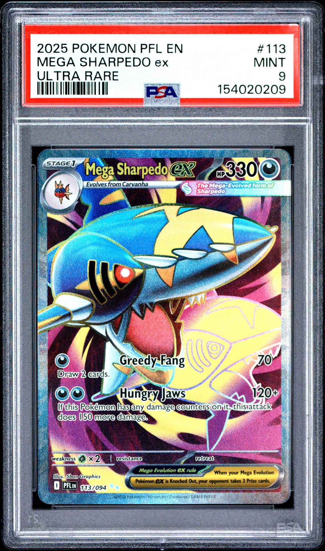 2025 Pokemon Pfl En-Phantasmal Flames Mega Sharpedo Ex #113 (Ultra Rare) Mint 9 front