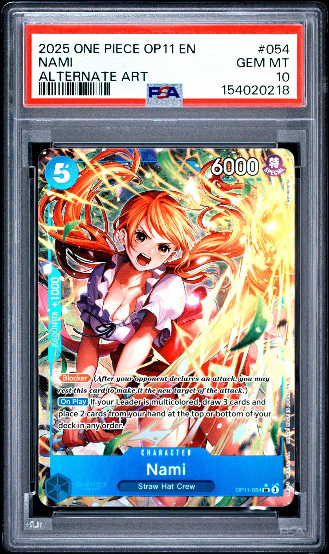 2025 One Piece Op11-A Fist Of Divine Speed Nami #054 (Alternate Art) Gem Mt 10 front view - PSA graded GEM MT 10