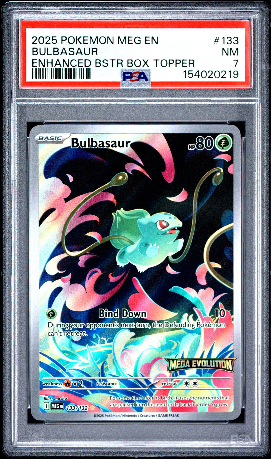 2025 Pokemon Meg En-Mega Evolution Bulbasaur #133 (Enhanced Bstr Box Topper) Nm 7 front