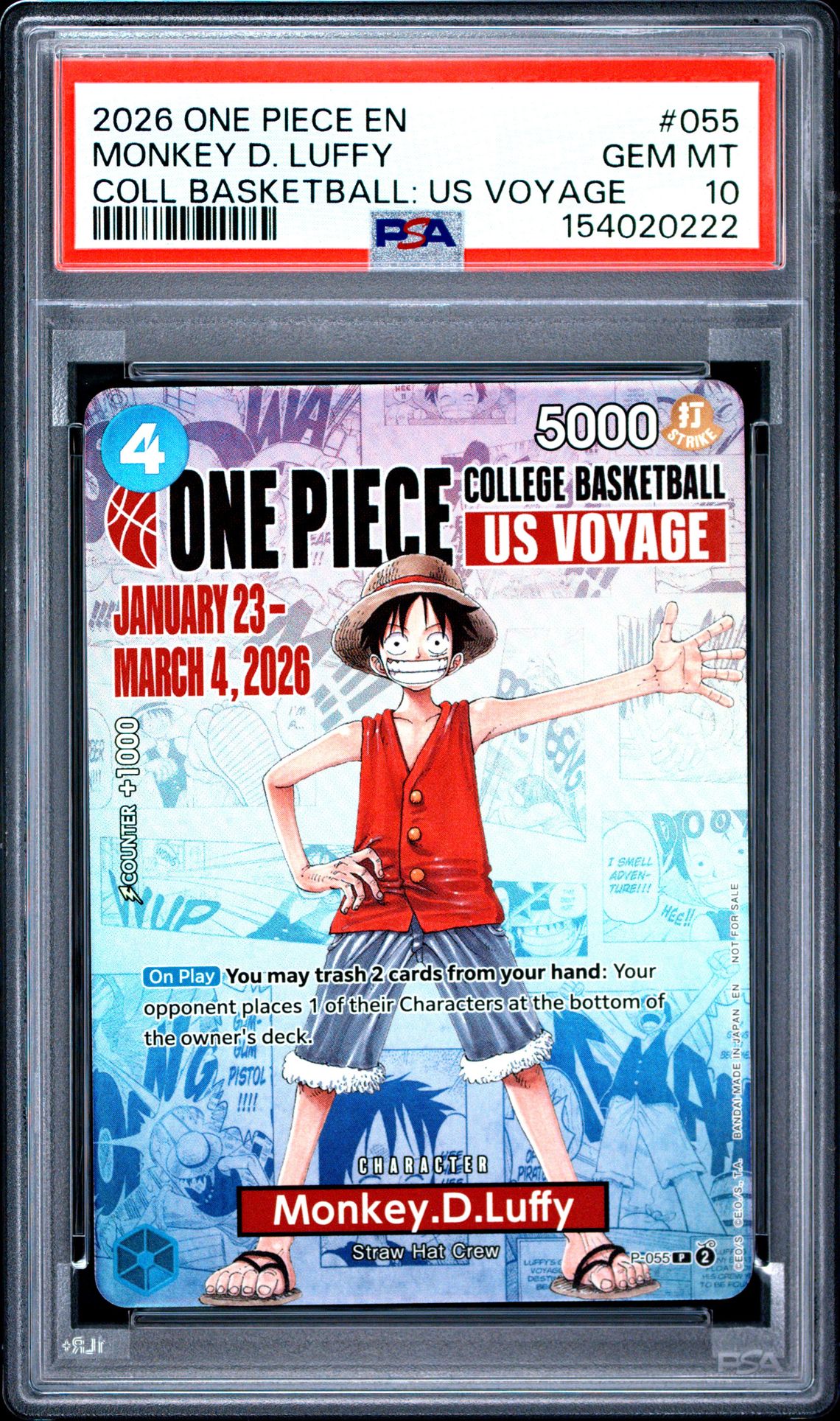 2026 One Piece Promos Monkey D. Luffy #055 (Coll Basketball: Us Voyage) Gem Mt 10 front