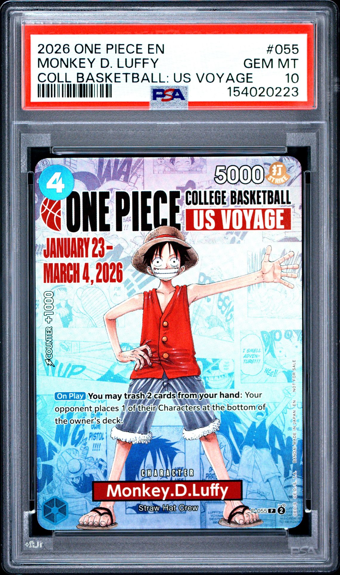 2026 One Piece Promos Monkey D. Luffy #055 (Coll Basketball: Us Voyage) Gem Mt 10 front view - PSA graded GEM MT 10