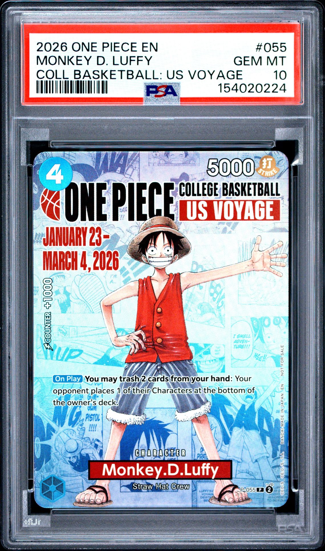 2026 One Piece Promos Monkey D. Luffy #055 (Coll Basketball: Us Voyage) Gem Mt 10 front view - PSA graded GEM MT 10