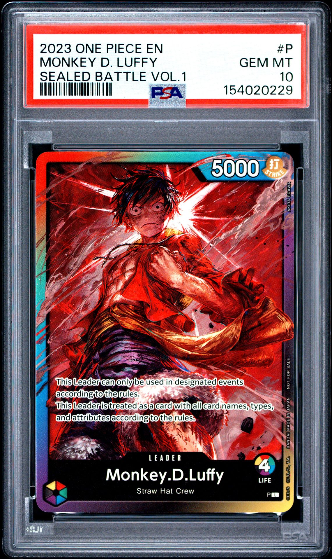 2023 One Piece Promos Monkey D. Luffy #P (Sealed Battle Vol.1) Gem Mt 10 front view - PSA graded GEM MT 10