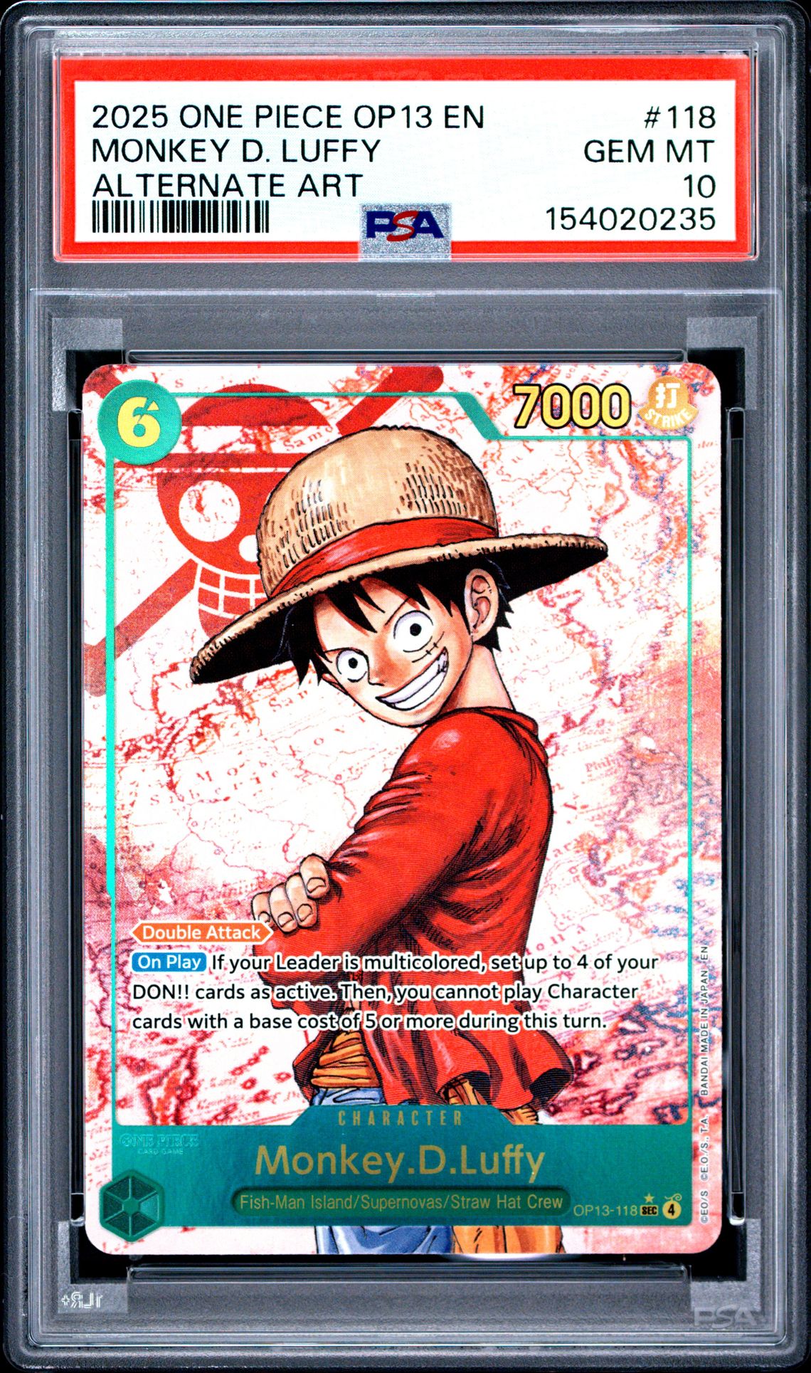 2025 One Piece Op13-Carrying On His Will Monkey D. Luffy #118 (Alternate Art) Gem Mt 10 front view - PSA graded GEM MT 10