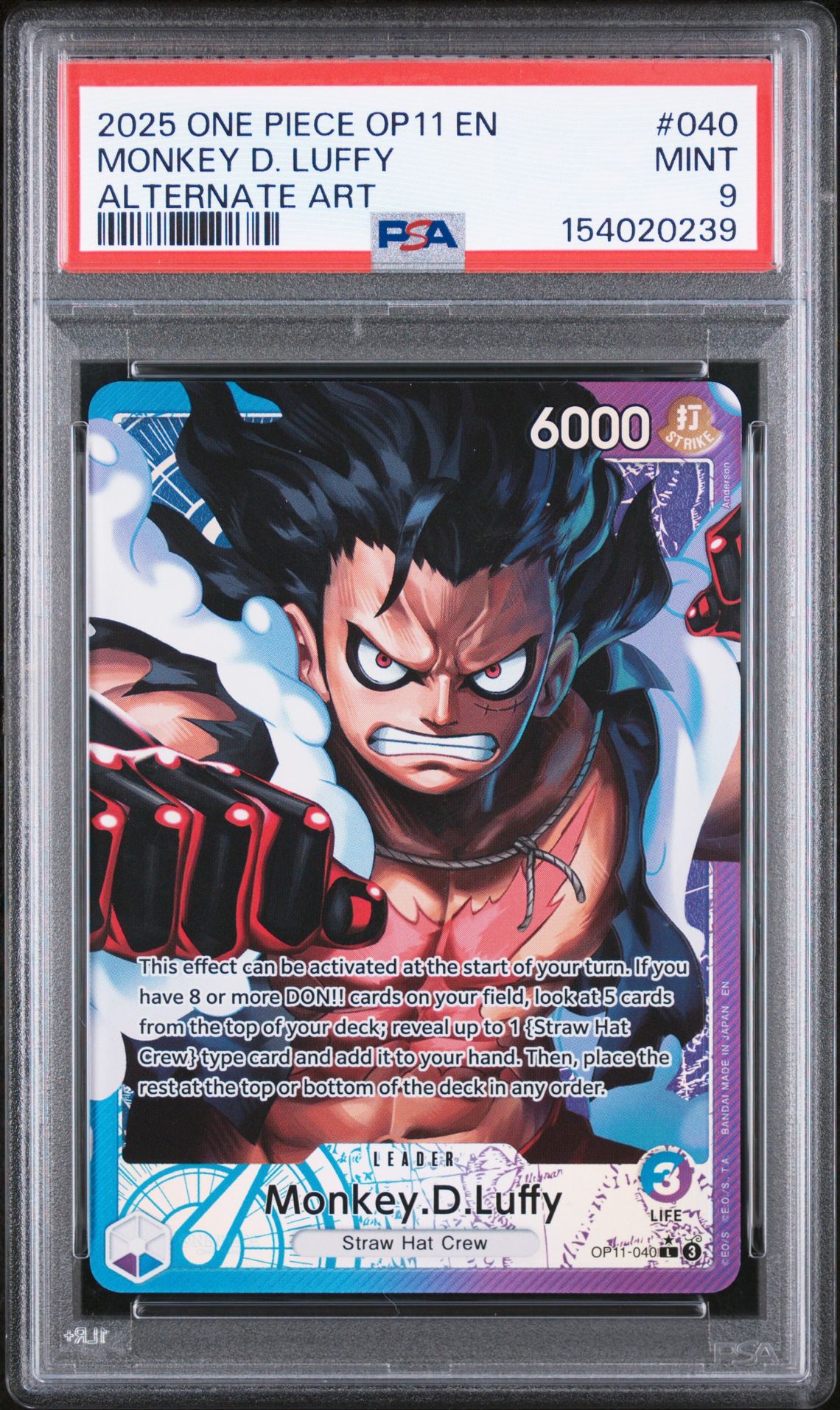 2025 One Piece Op11-A Fist Of Divine Speed Monkey D. Luffy #040 (Alternate Art) Mint 9 front