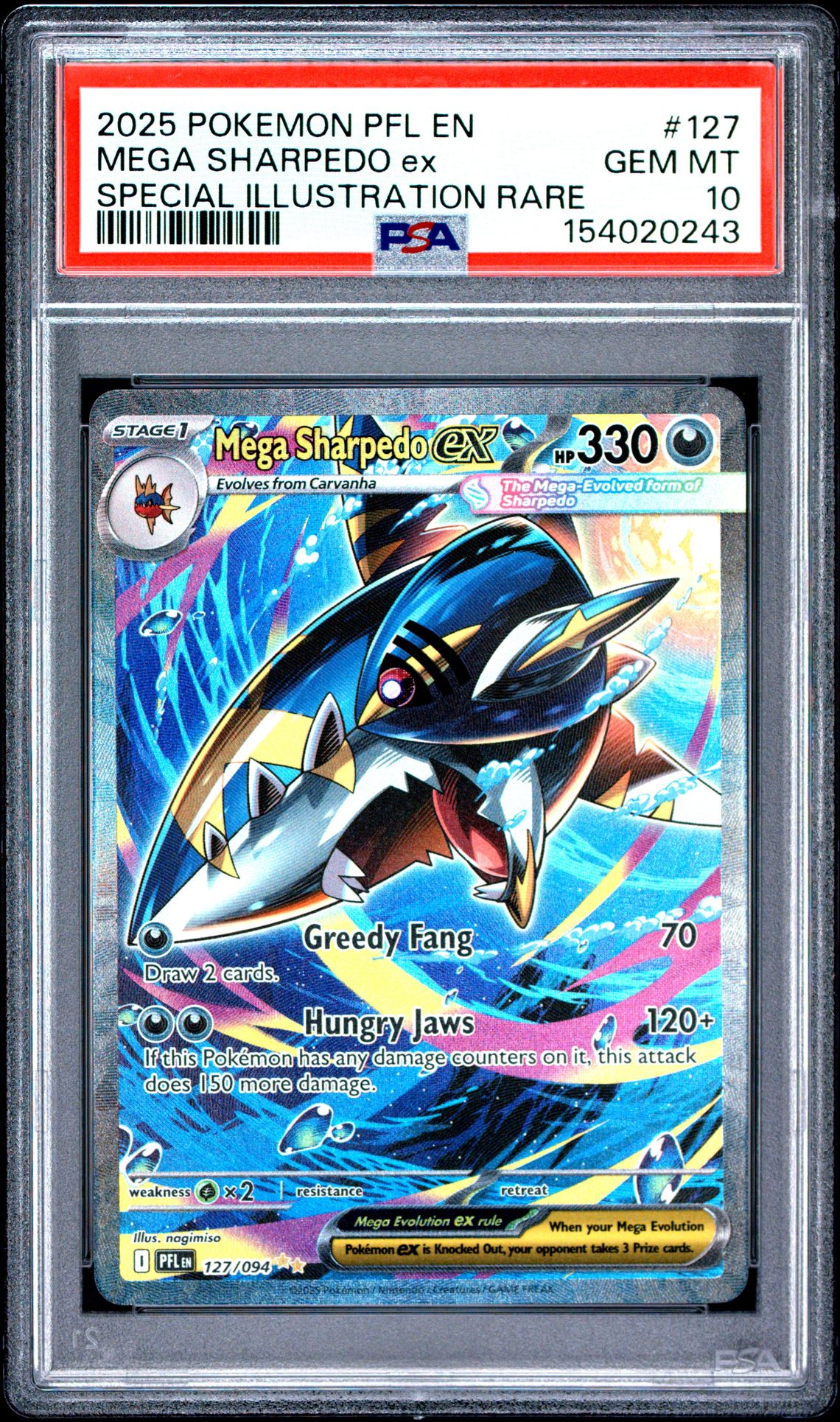 2025 Pokemon Pfl En-Phantasmal Flames Mega Sharpedo Ex #127 (Special Illustration Rare) Gem Mt 10 front view - PSA graded GEM MT 10