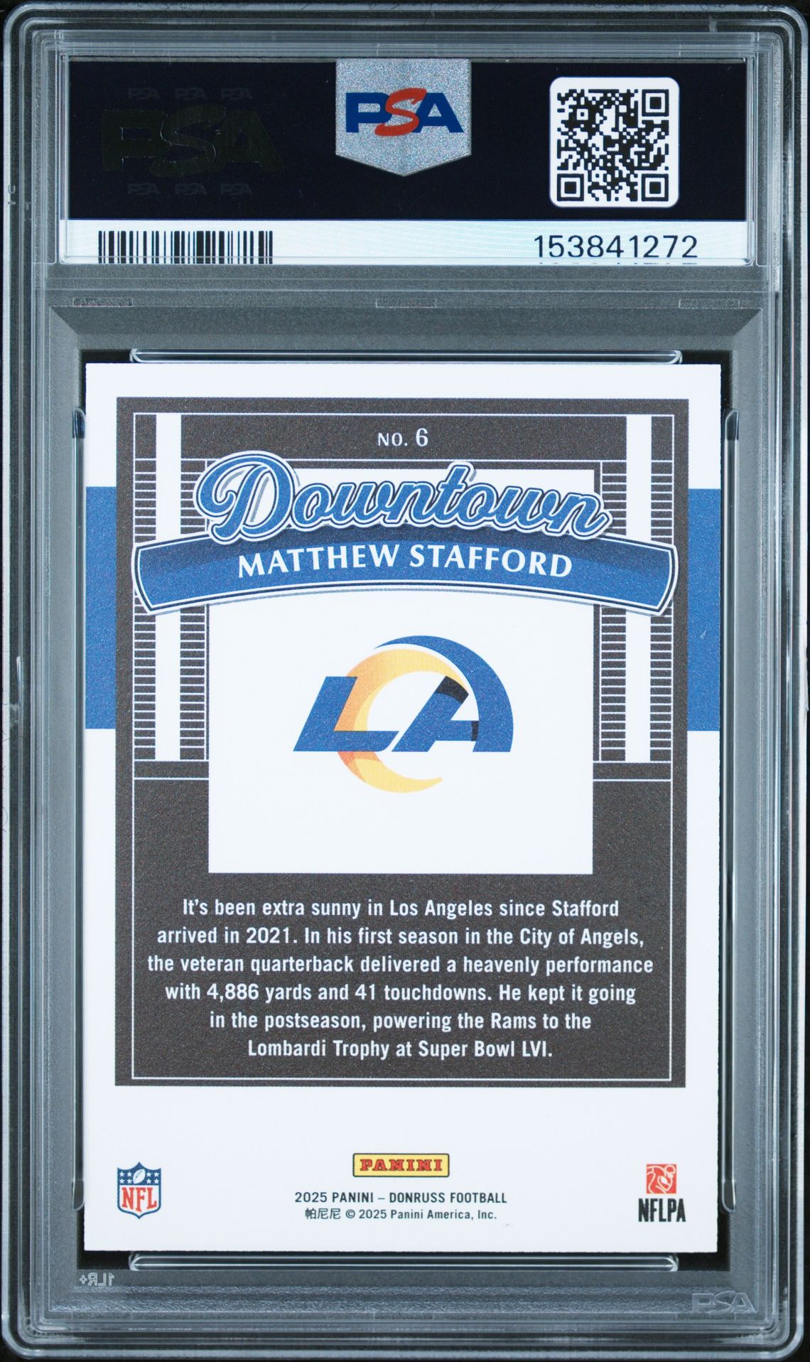 2025 Panini Donruss Downtown Matthew Stafford #6 Gem Mt 10 back view - PSA certificate #153841272