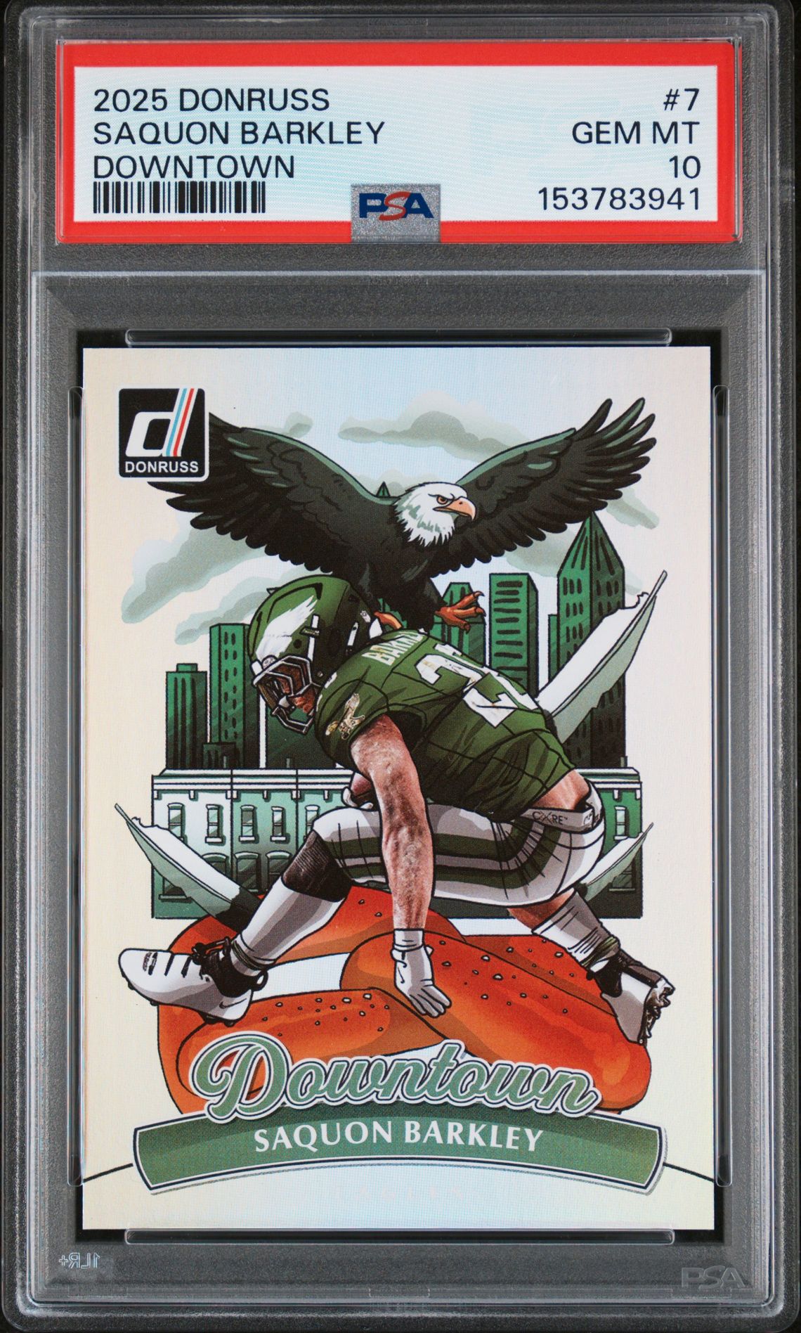 2025 Panini Donruss Downtown Saquon Barkley #7 Gem Mt 10 front view - PSA graded GEM MT 10