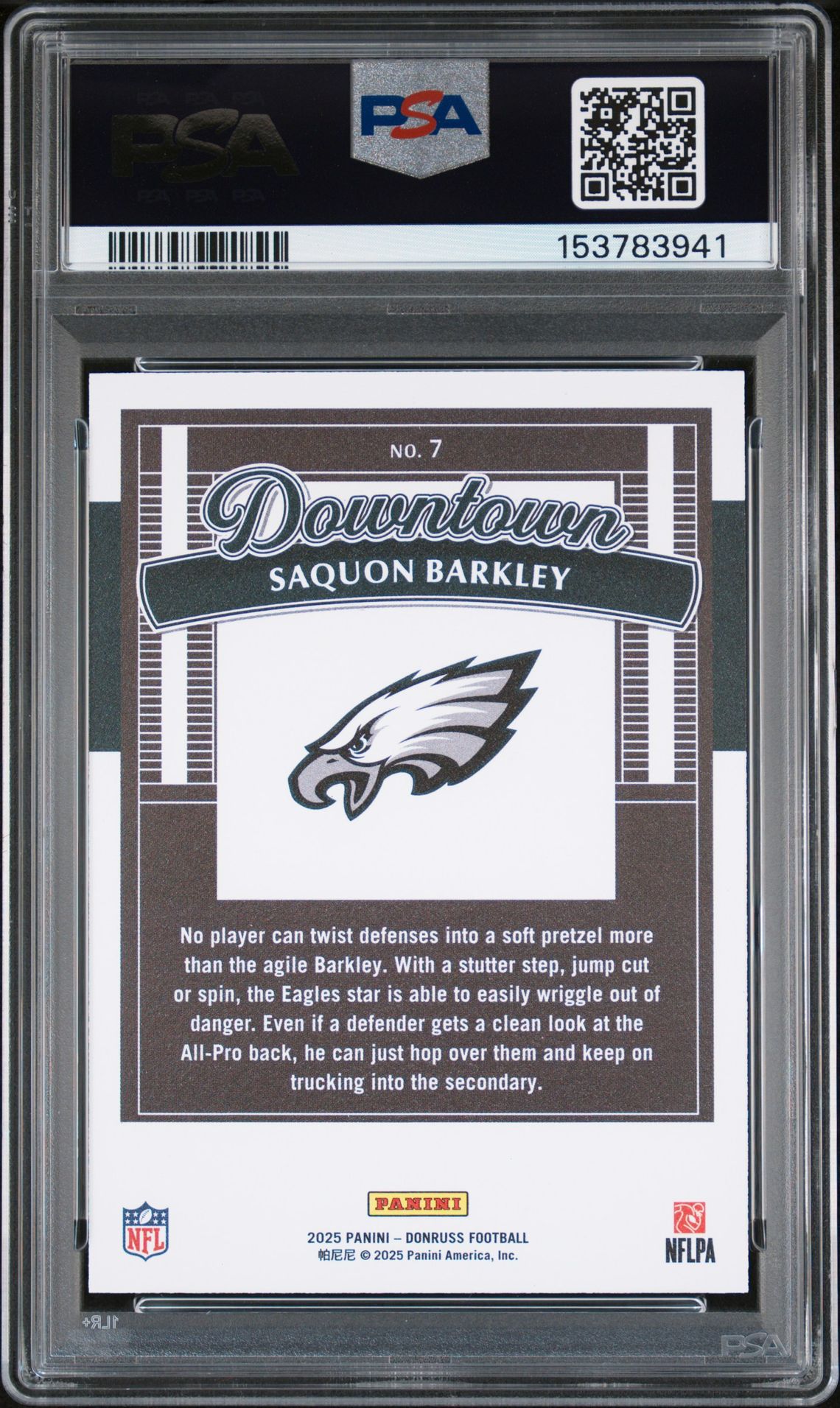 2025 Panini Donruss Downtown Saquon Barkley #7 Gem Mt 10 back view - PSA certificate #153783941