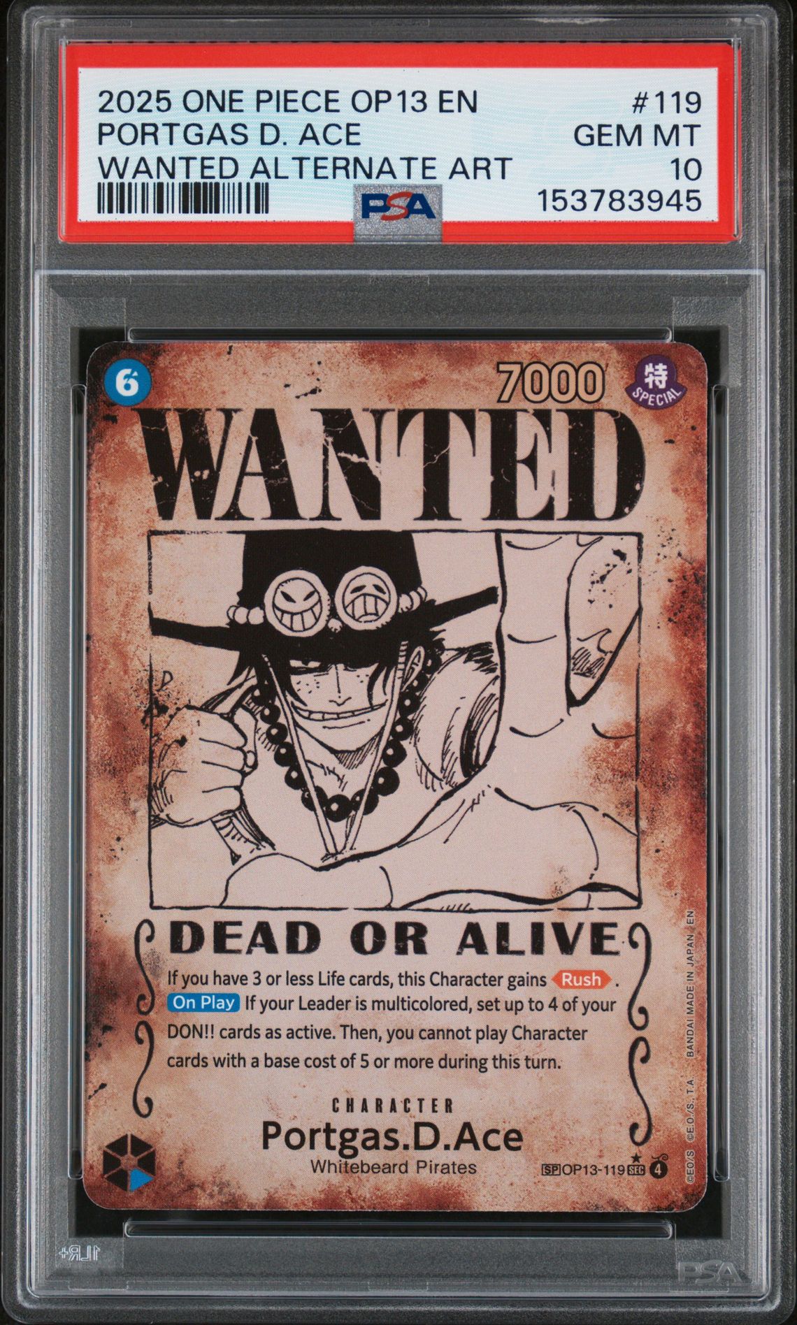 2025 One Piece Op13-Carrying On His Will Portgas D. Ace #119 (Wanted Alternate Art) Gem Mt 10 front view - PSA graded GEM MT 10