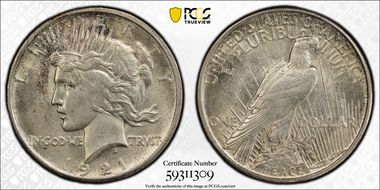 1921 $1 High Relief, Peace N1