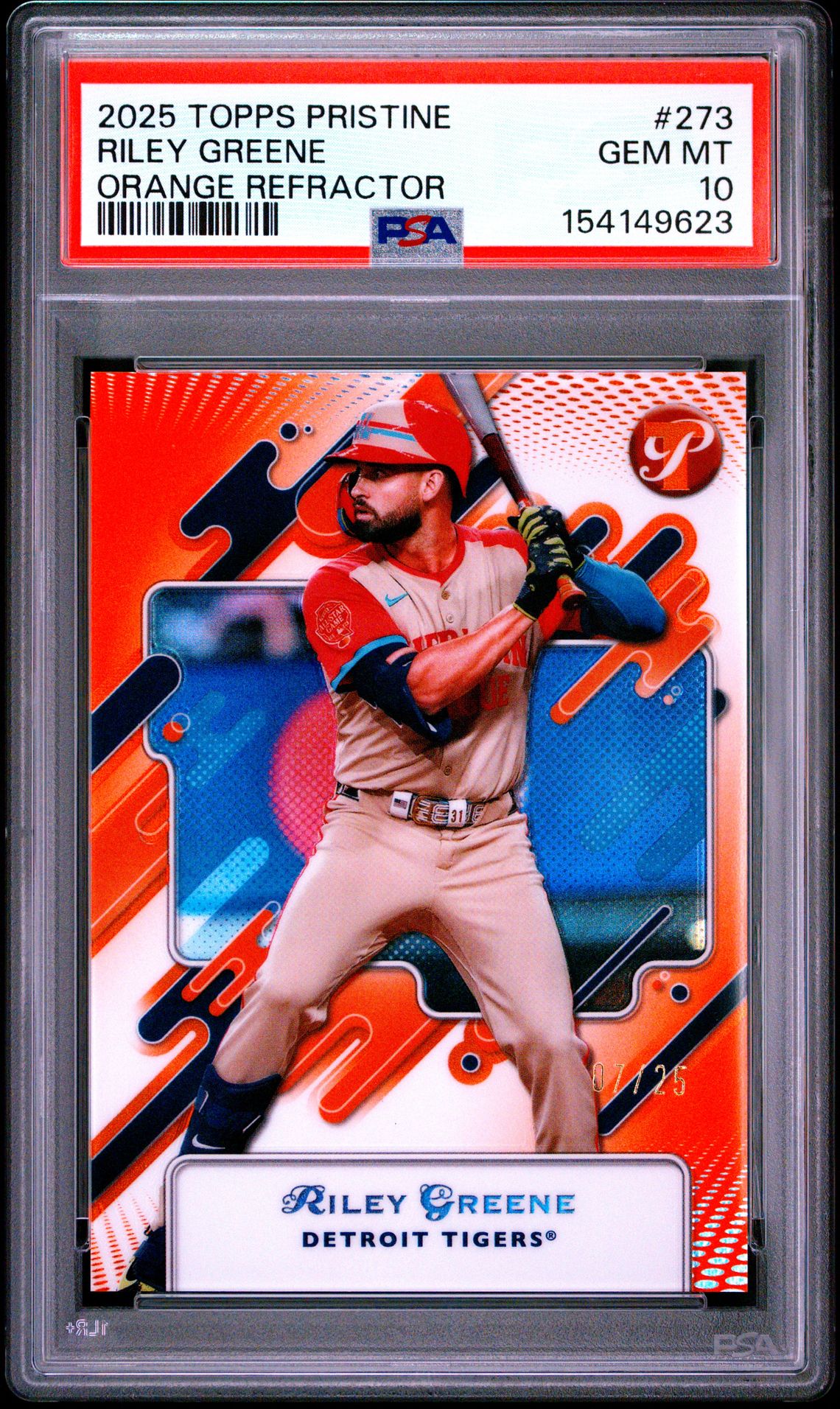 2025 Topps TOPPS PRISTINE ORANGE REFRACTOR #273 Riley Greene front