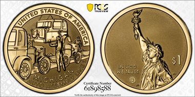 2025-S $1 American Innovation MI Rev PR Auto Assembly Line First Strike PR70