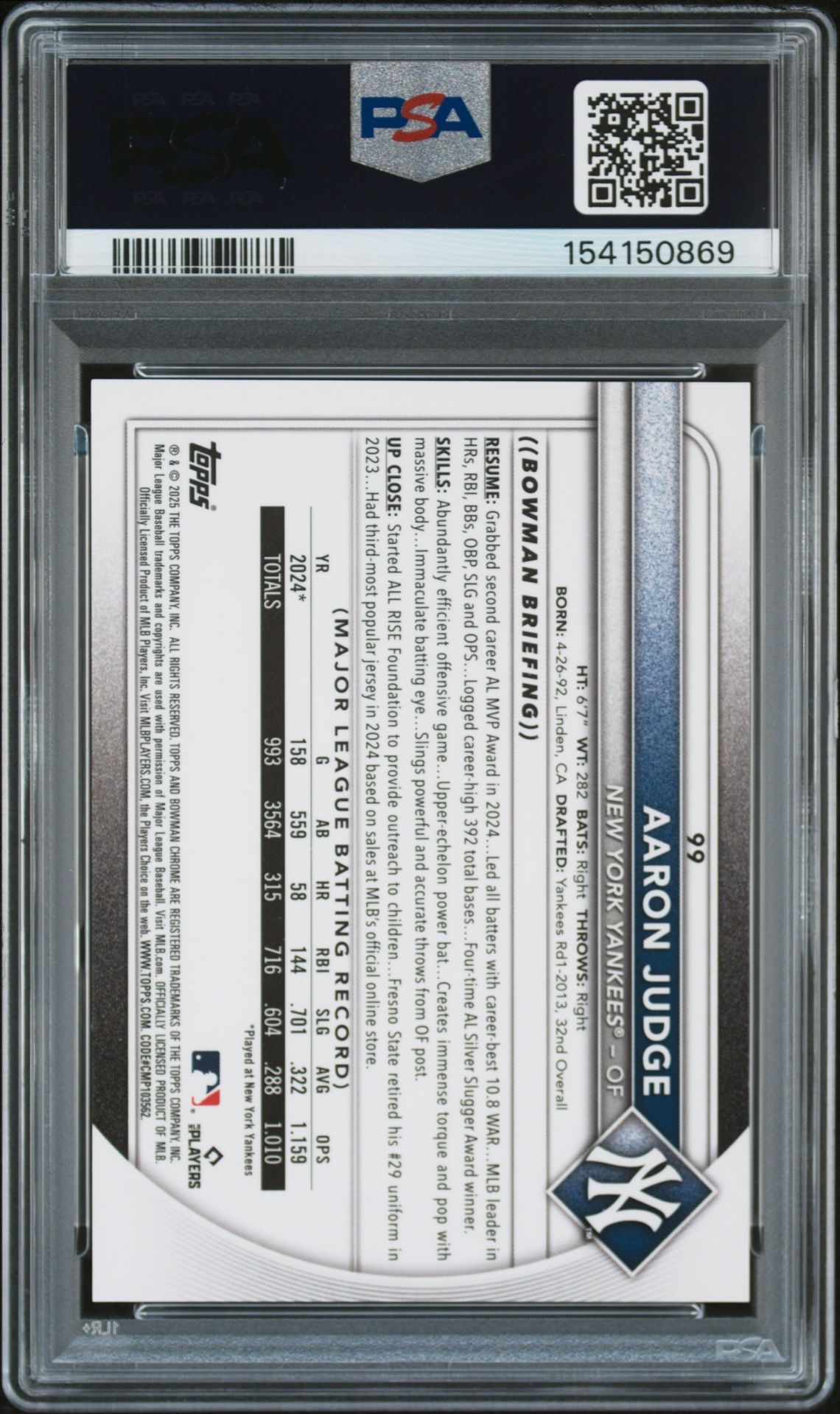 2025 Bowman Mega Box Chrome Aaron Judge #99 (Orange Refractor) Gem Mt 10 back