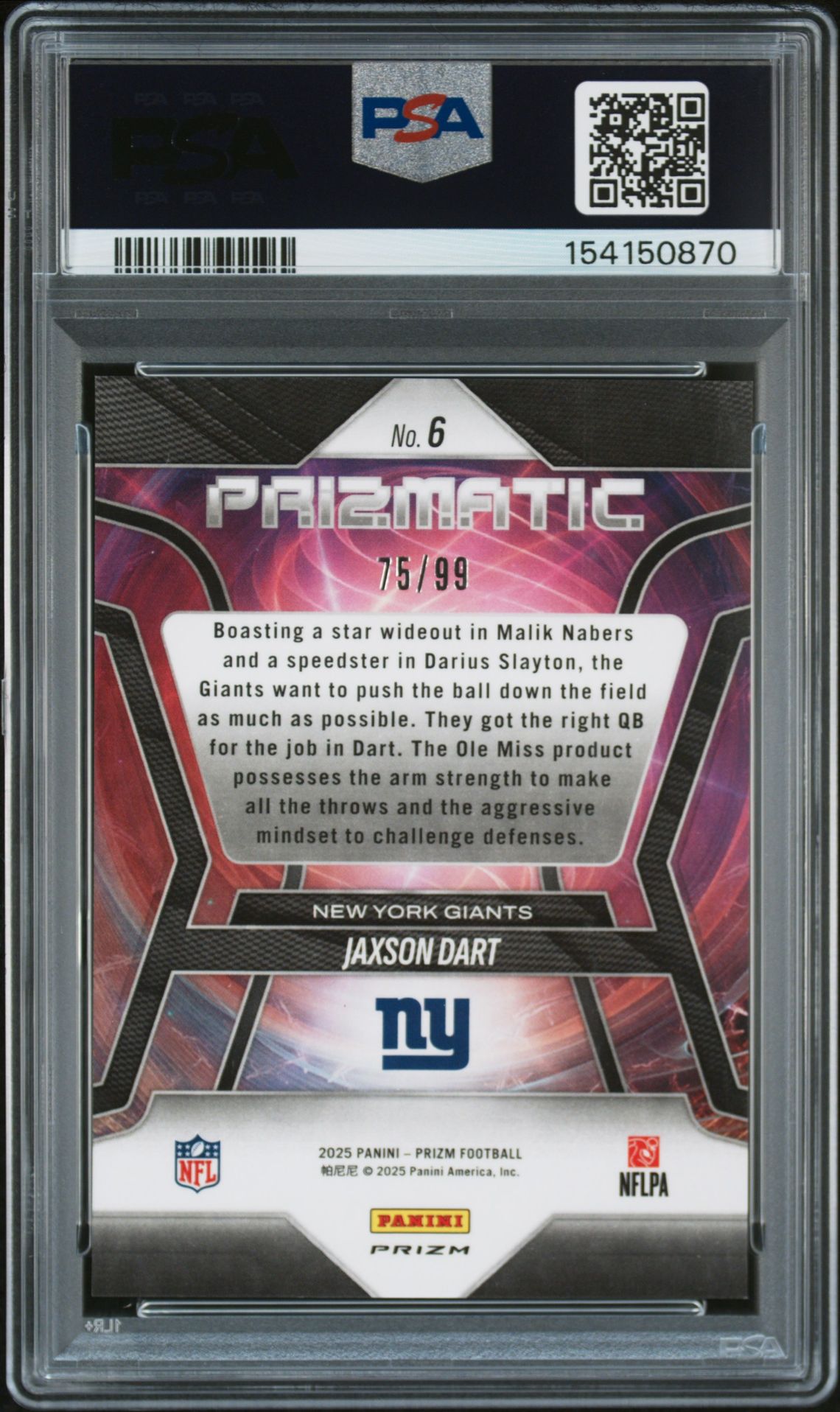 2025 Panini Prizm Prizmatic Jaxson Dart #6 (Prizmatic-Blue Ice) Mint 9 back