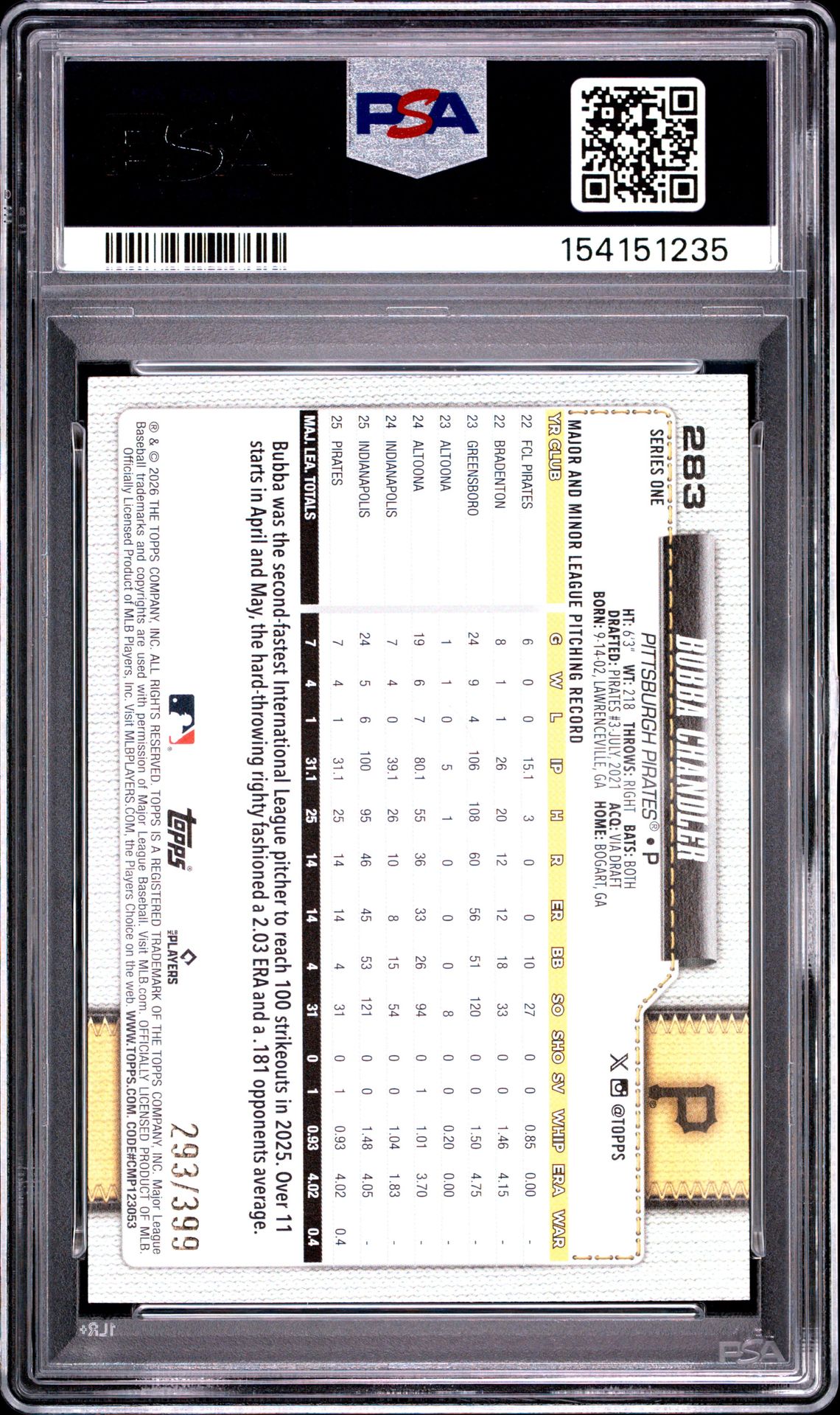 2026 TOPPS BUBBA CHANDLER YELLOW HOLO FOIL 283 GEM MT 10 back