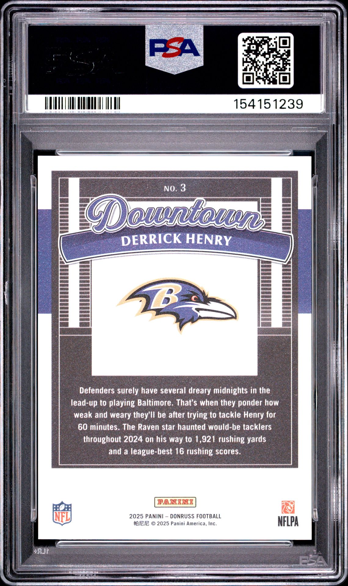 2025 Panini Donruss Downtown Derrick Henry #3 Gem Mt 10 back view - PSA certificate #154151239