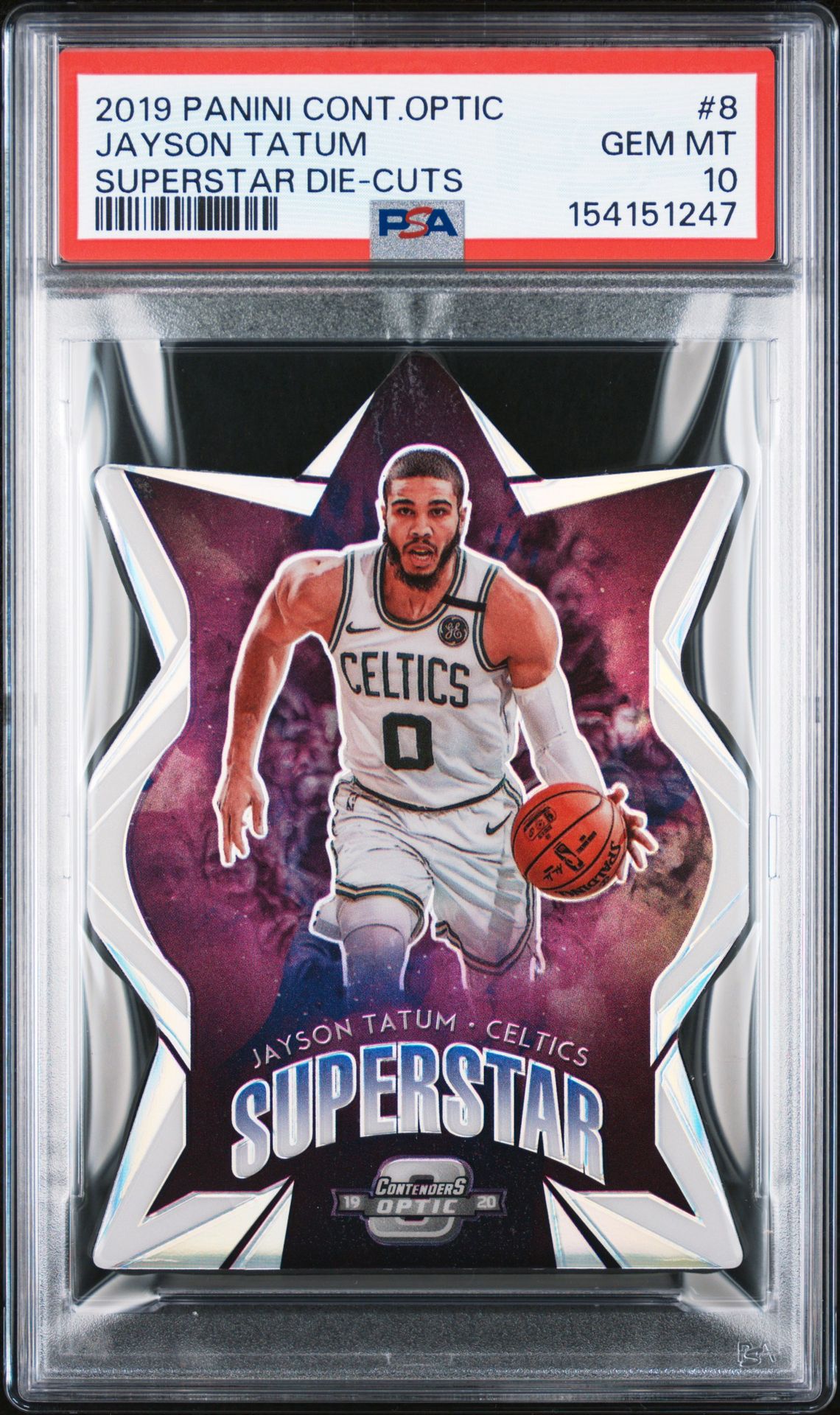 2019 Panini Contenders Optic Superstar Die-Cuts Jayson Tatum #8 (Superstar Die-Cuts) Gem Mt 10 front view - PSA graded GEM MT 10