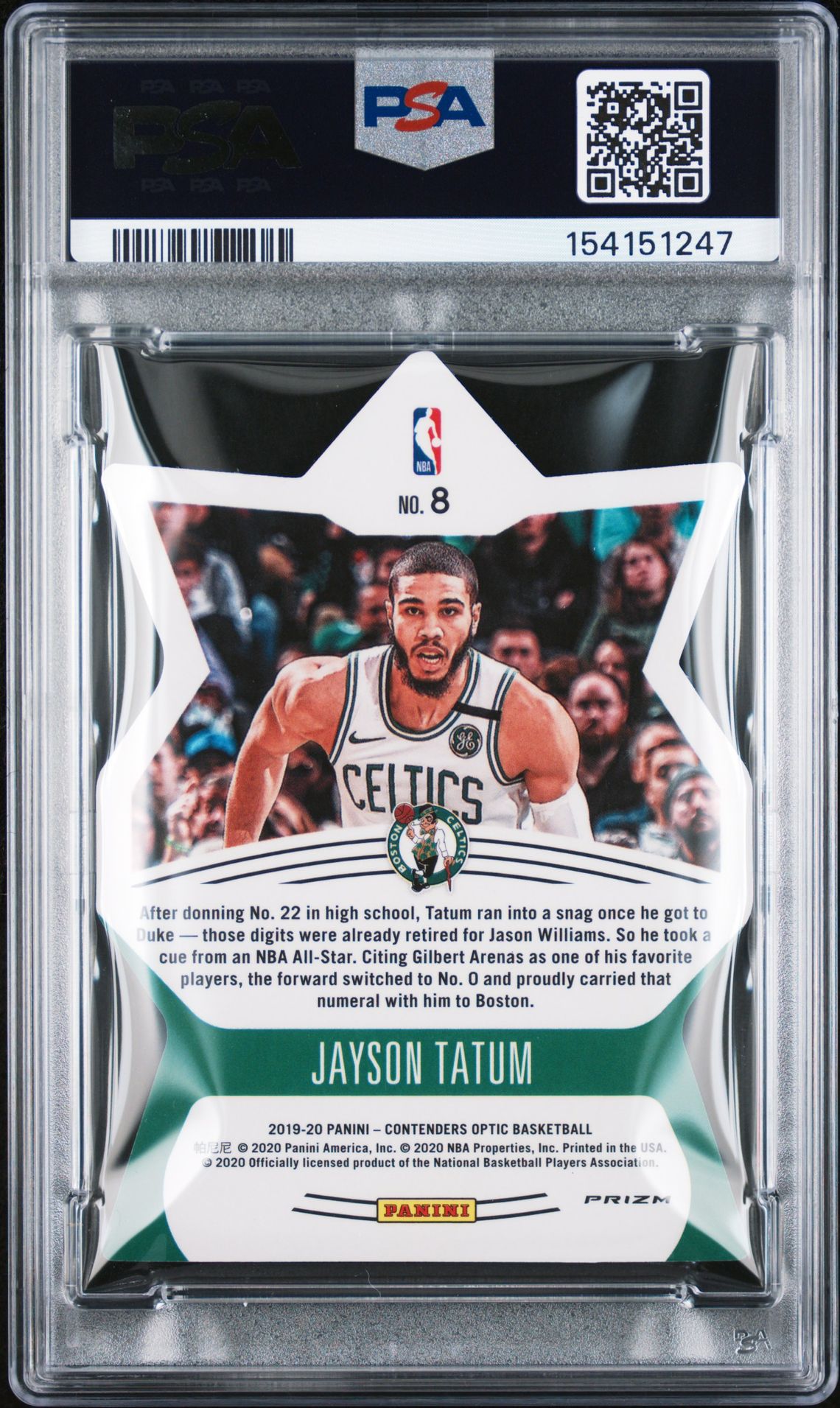2019 Panini Contenders Optic Superstar Die-Cuts Jayson Tatum #8 (Superstar Die-Cuts) Gem Mt 10 back view - PSA certificate #154151247