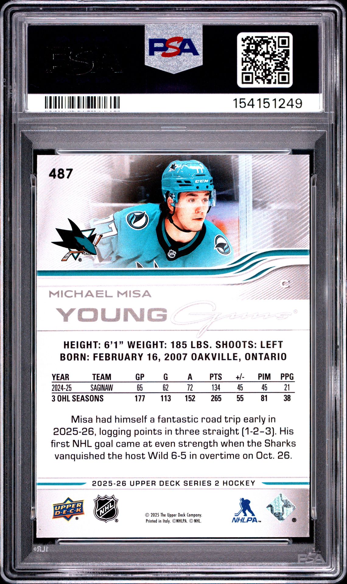 2025 Upper Deck Michael Misa #487 Mint 9 back