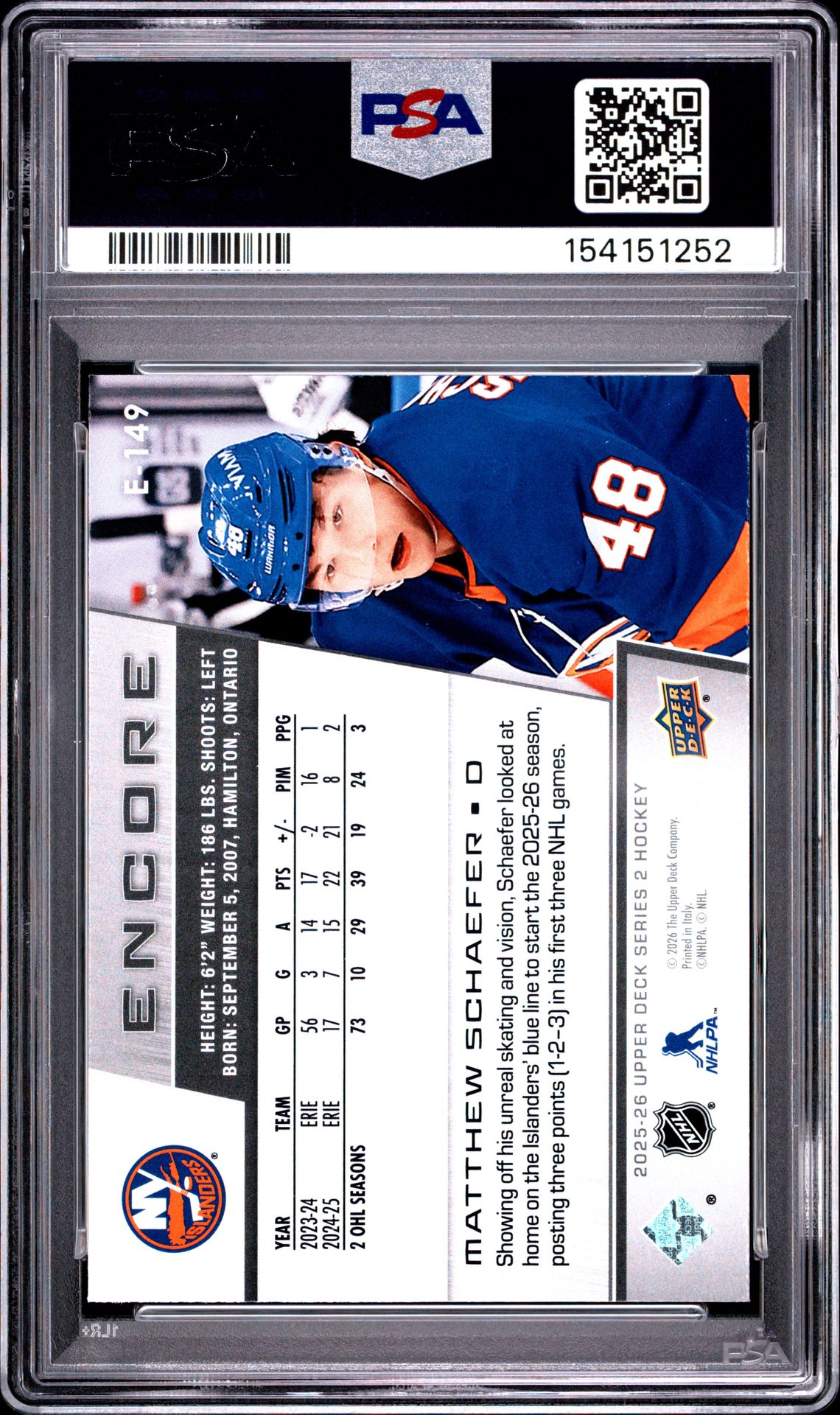 2025 Upper Deck Encore Matthew Schaefer #E-149 Mint 9 back