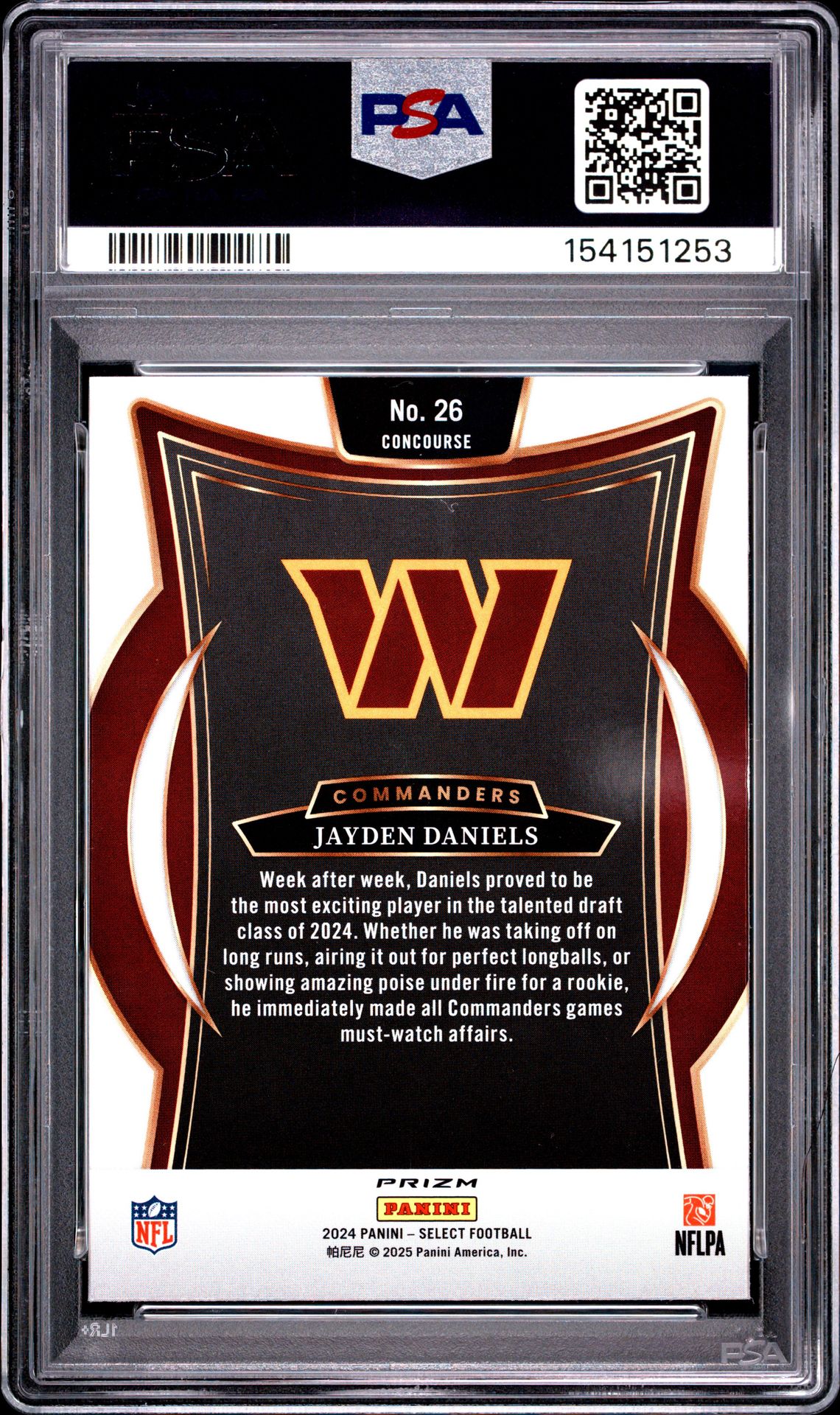 2024 Panini Select Jayden Daniels #26 (Zebra Shock) Mint 9 back