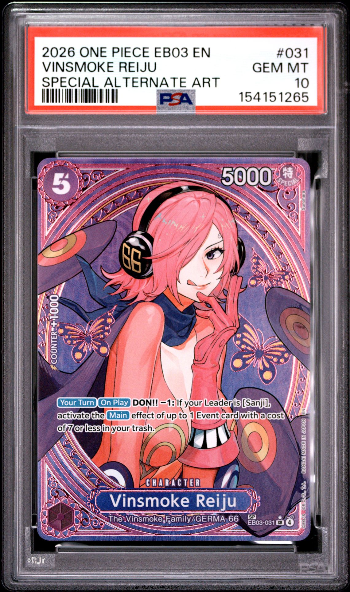 2026 One Piece Eb03-Extra Booster -One Piece Heroines Edition- Vinsmoke Reiju #031 (Special Alternate Art) Gem Mt 10 front view - PSA graded GEM MT 10