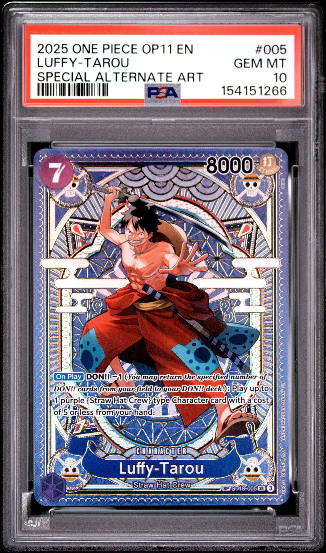 2025 One Piece Op11-A Fist Of Divine Speed Luffy-Tarou #005 (Special Alternate Art) Gem Mt 10 front view - PSA graded GEM MT 10