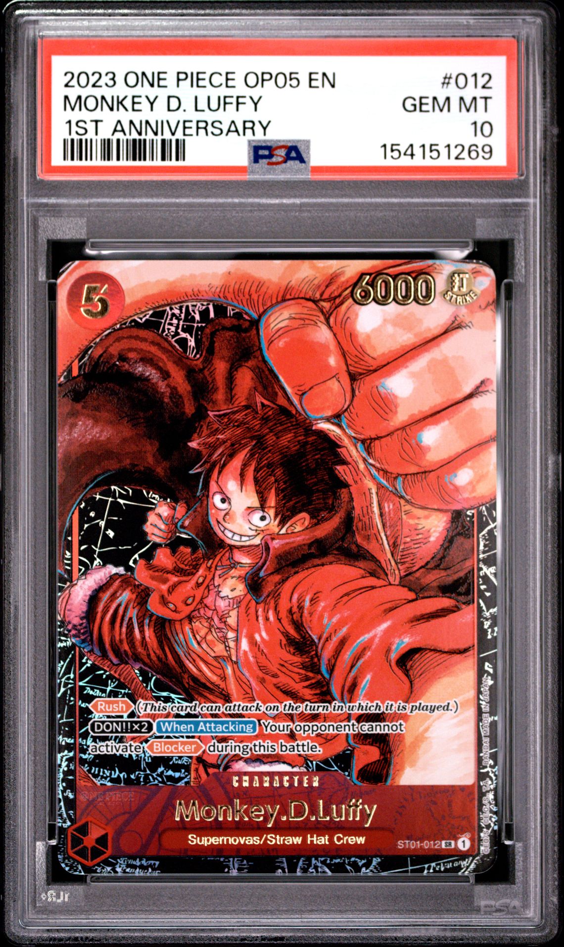 2023 One Piece Op05-Awakening Of The New Era Monkey D. Luffy #012 (1St Anniversary) Gem Mt 10 front view - PSA graded GEM MT 10