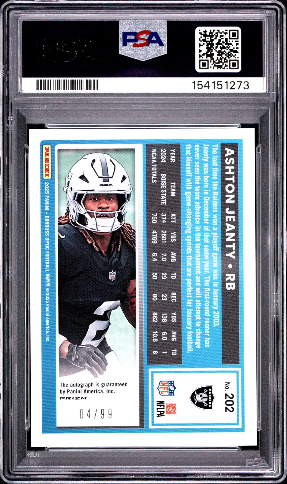 2025 Panini Donruss Optic Ashton Jeanty #202 (Autograph-Red) Mint 9 back