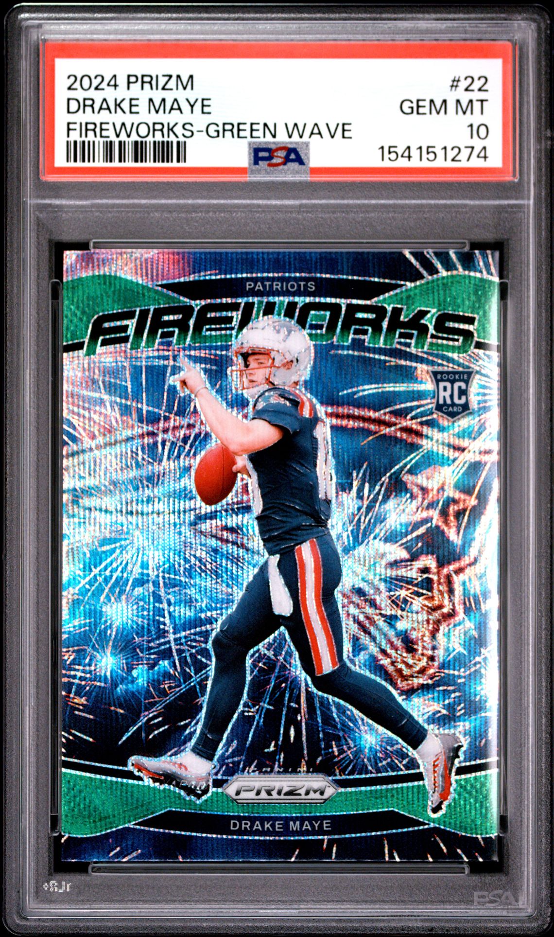 2024 Panini Prizm Fireworks Drake Maye #22 (Fireworks-Green Wave) Gem Mt 10 front