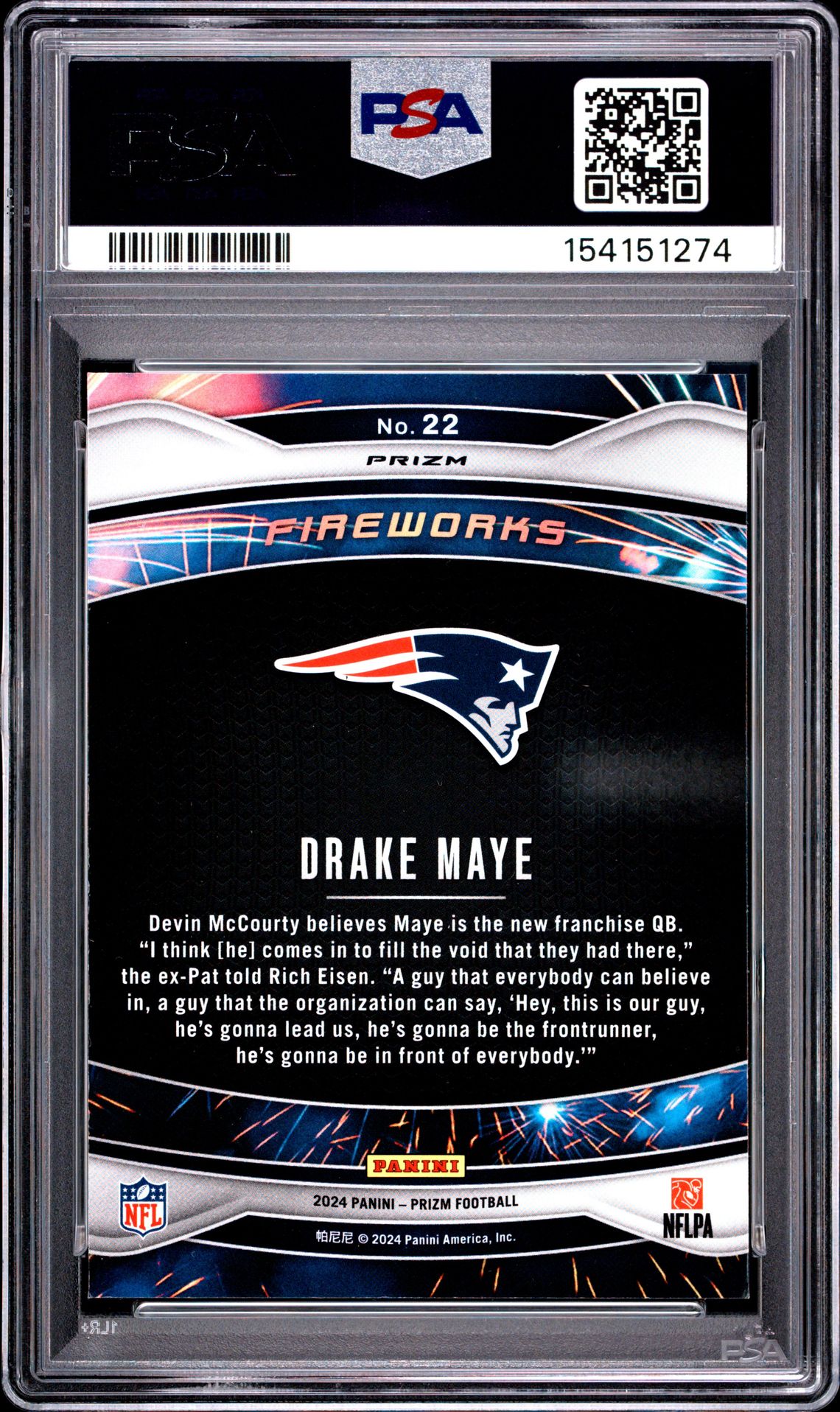 2024 Panini Prizm Fireworks Drake Maye #22 (Fireworks-Green Wave) Gem Mt 10 back